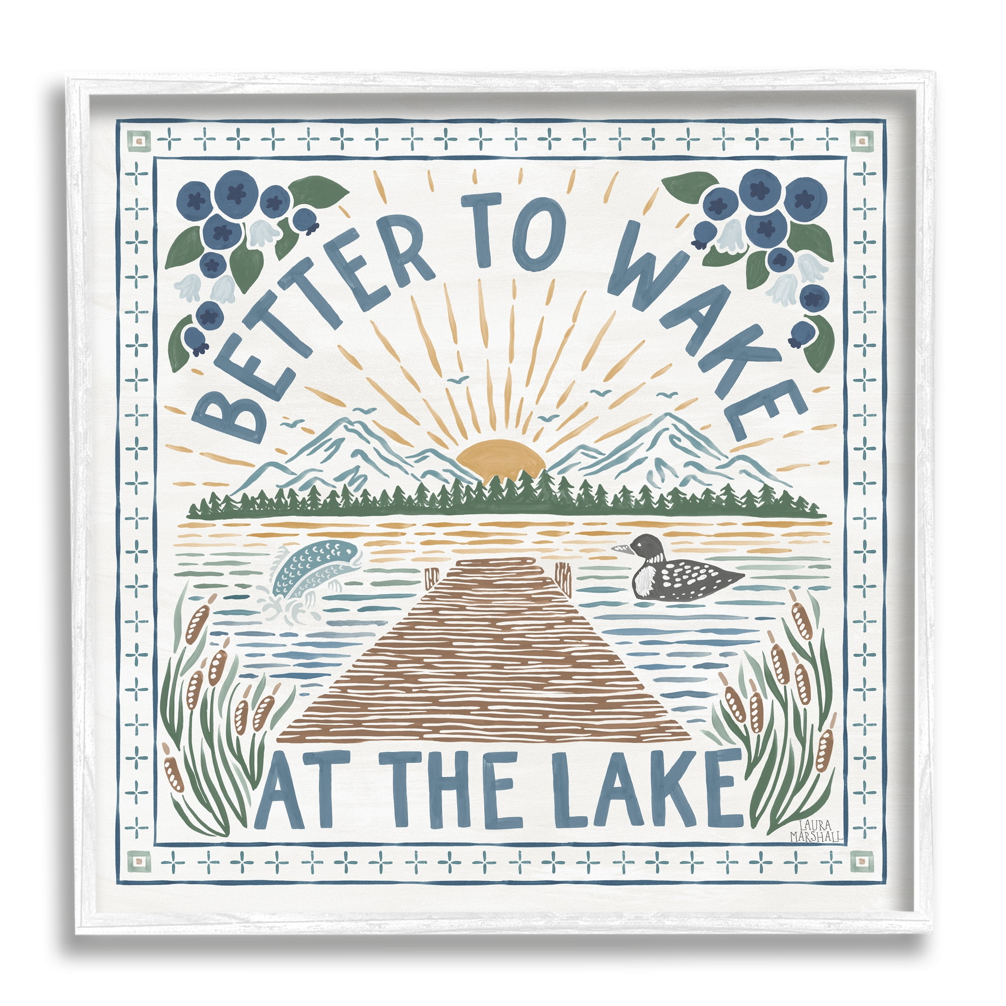 Stupell Industries Wake at Lake Phrase Nature Painting White Framed Art Print Wall Art, 12 x 12