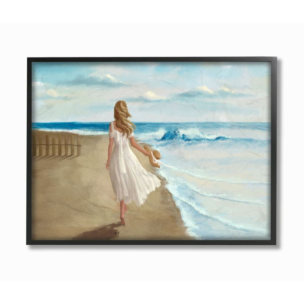 Walk On The Beach Blue Ocean Painting with Black Frame, 20x16