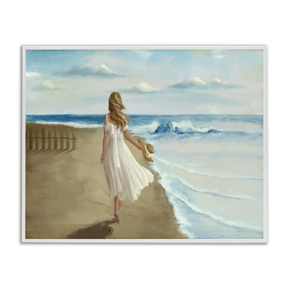 Stupell Industries Walk On The Beach Painting Nature Painting White Framed Art Print Wall Art, 14 x 11