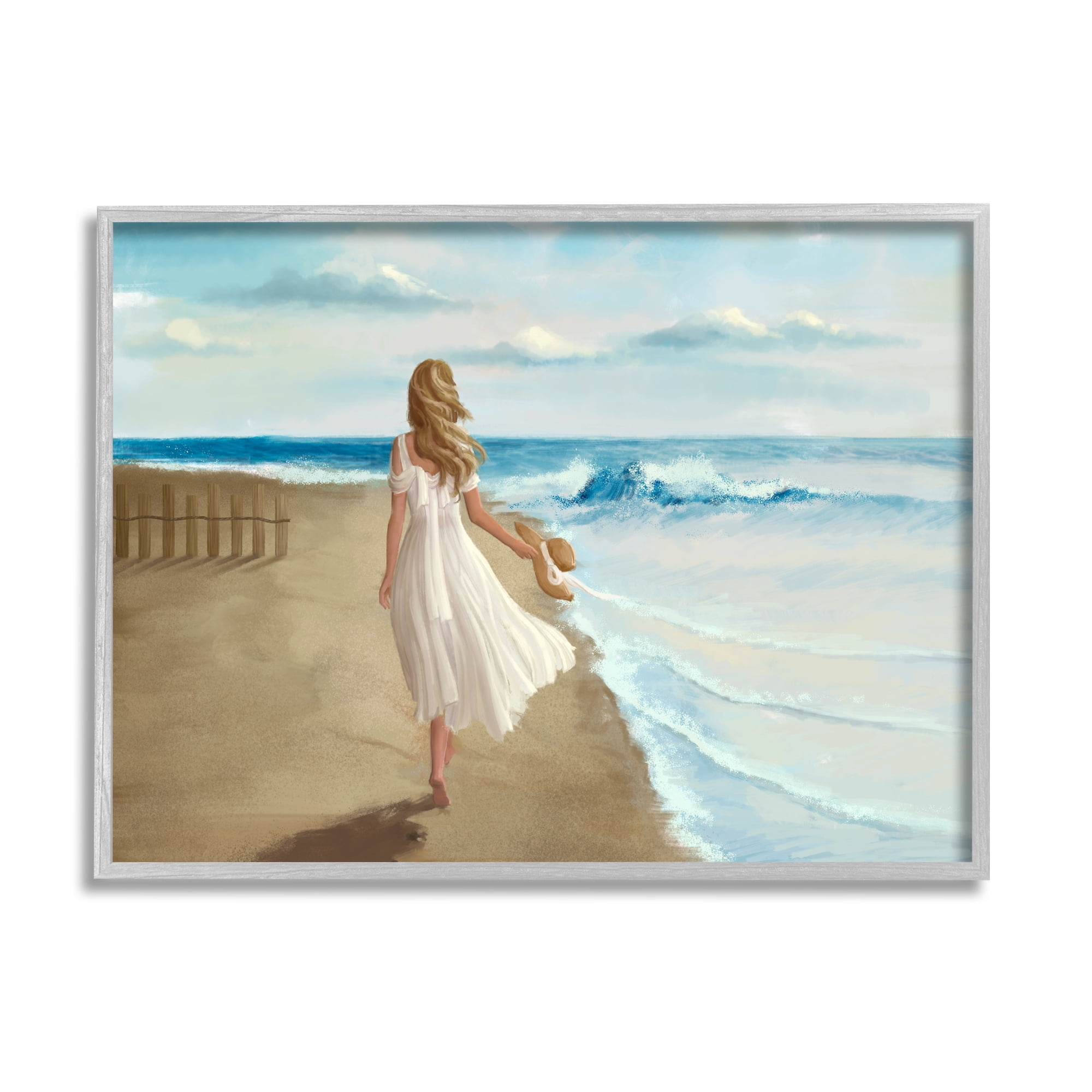Stupell Industries Walk On The Beach Blue Ocean Painting Framed Art Print Wall Art, 30x24, By Ziwei Li