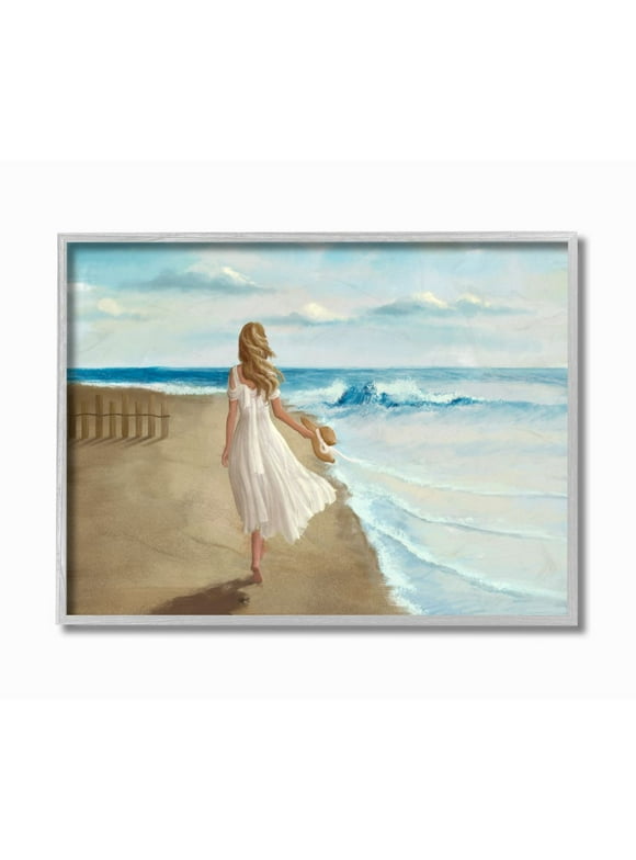 Stupell Industries Walk On The Beach Blue Ocean Painting Framed Wall Art by Ziwei Li, 11" x 14", Gray Framed