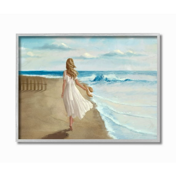Stupell Industries Walk On The Beach Blue Ocean Painting Gray Framed Art Print Wall Art, 16x20, by Ziwei Li