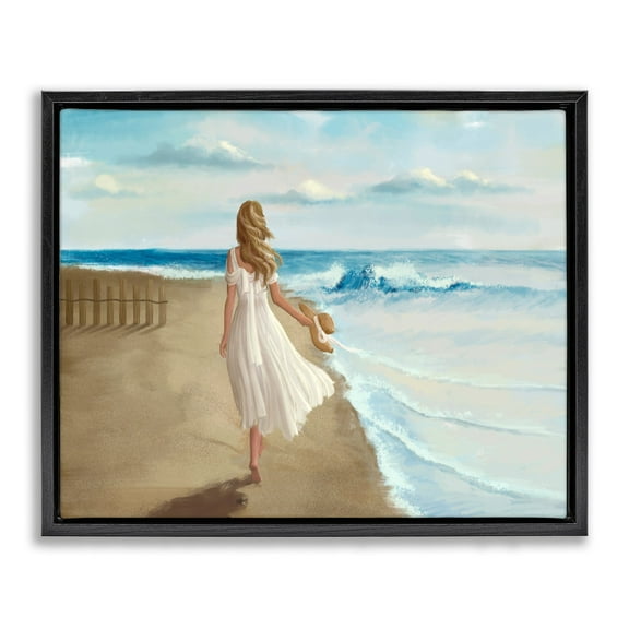 Stupell Industries Walk On The Beach Blue Ocean Painting Jet Black Framed Floating Canvas Wall Art, 16x20, by Ziwei Li