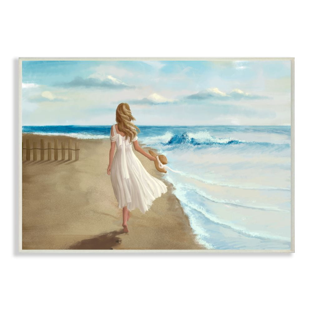 Stupell Industries Walk On The Beach Blue Ocean Painting Wall Plaque by Ziwei Li, 13" x 19", Wall Plaque