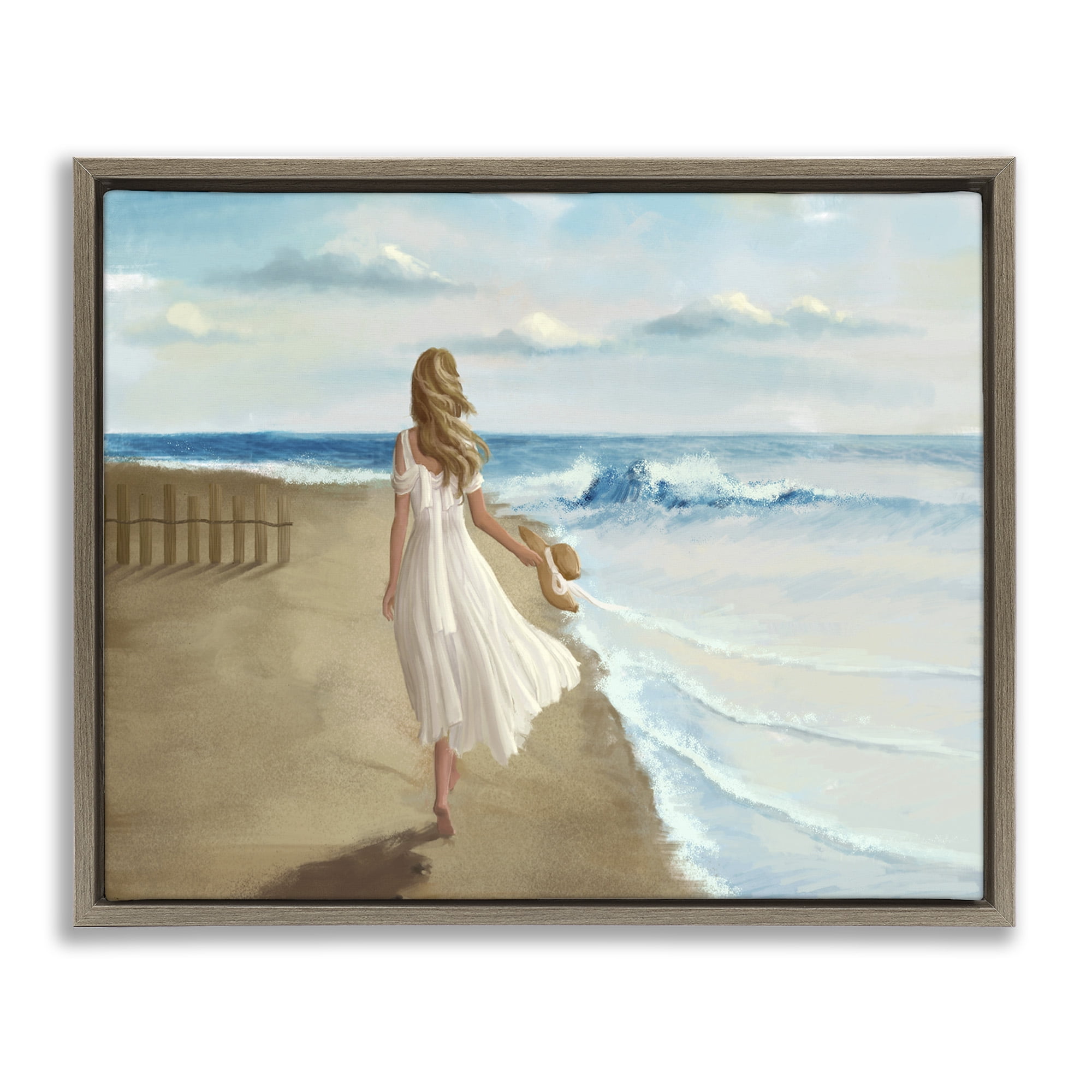 Stupell Industries Walk On The Beach Painting Nature Painting Brown Floater Framed Canvas Art Print Wall Art, 21 x 17