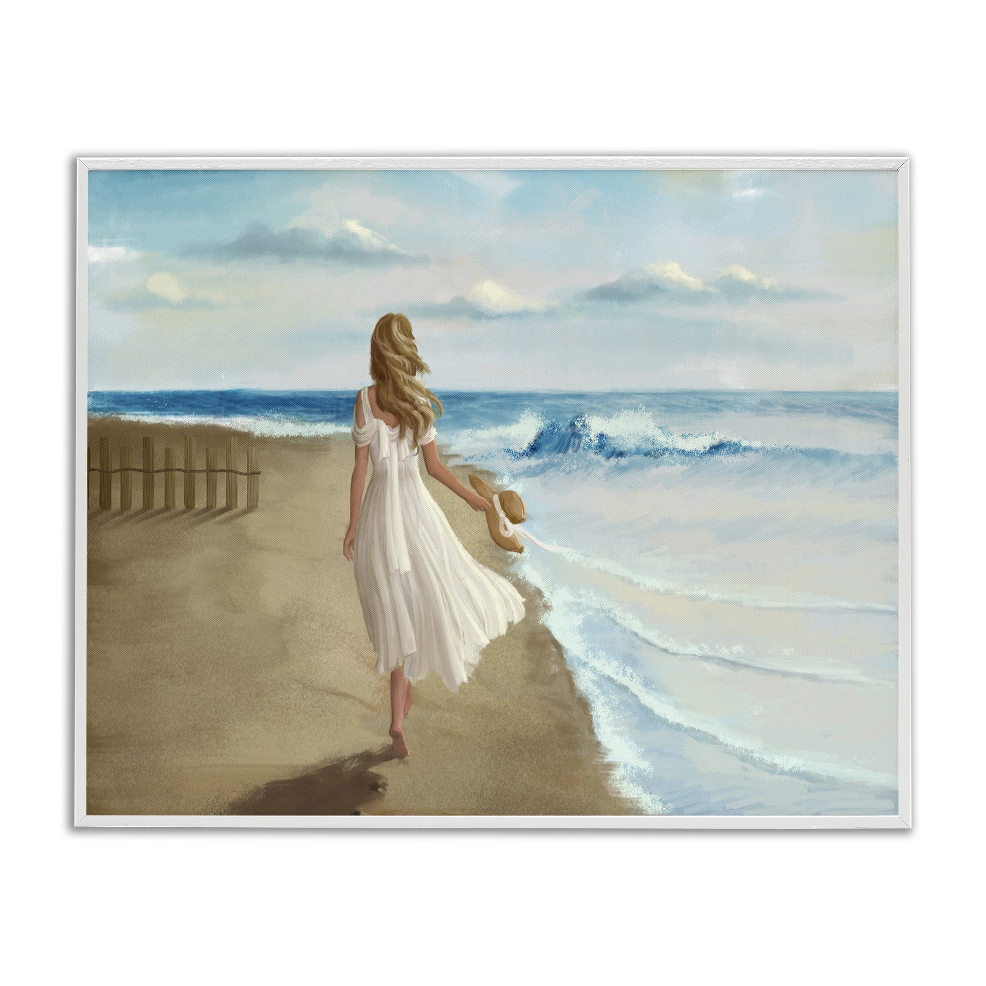Stupell Industries Walk On The Beach Painting Nature Painting White Framed Art Print Wall Art, 14 x 11