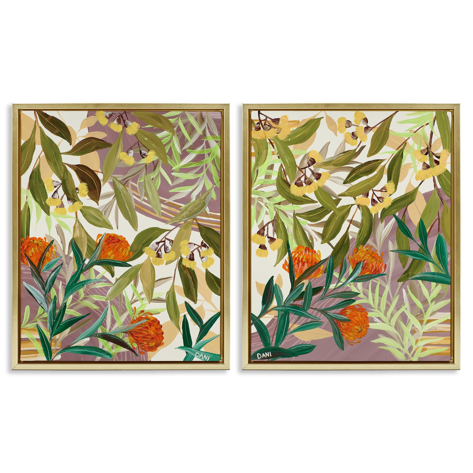 Stupell Industries Walk With Me Botanicals 2 Piece Gold Framed Floater Canvas Set, design by Dani Heyward