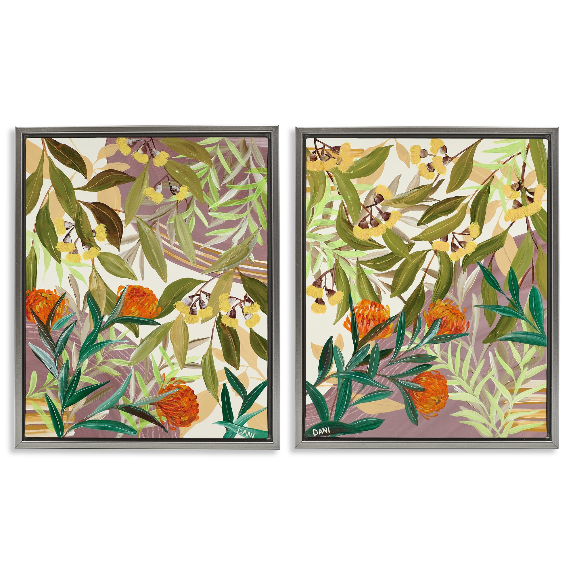 Stupell Industries Walk With Me Botanicals 2 Piece Gray Framed Floater Canvas Set, design by Dani Heyward