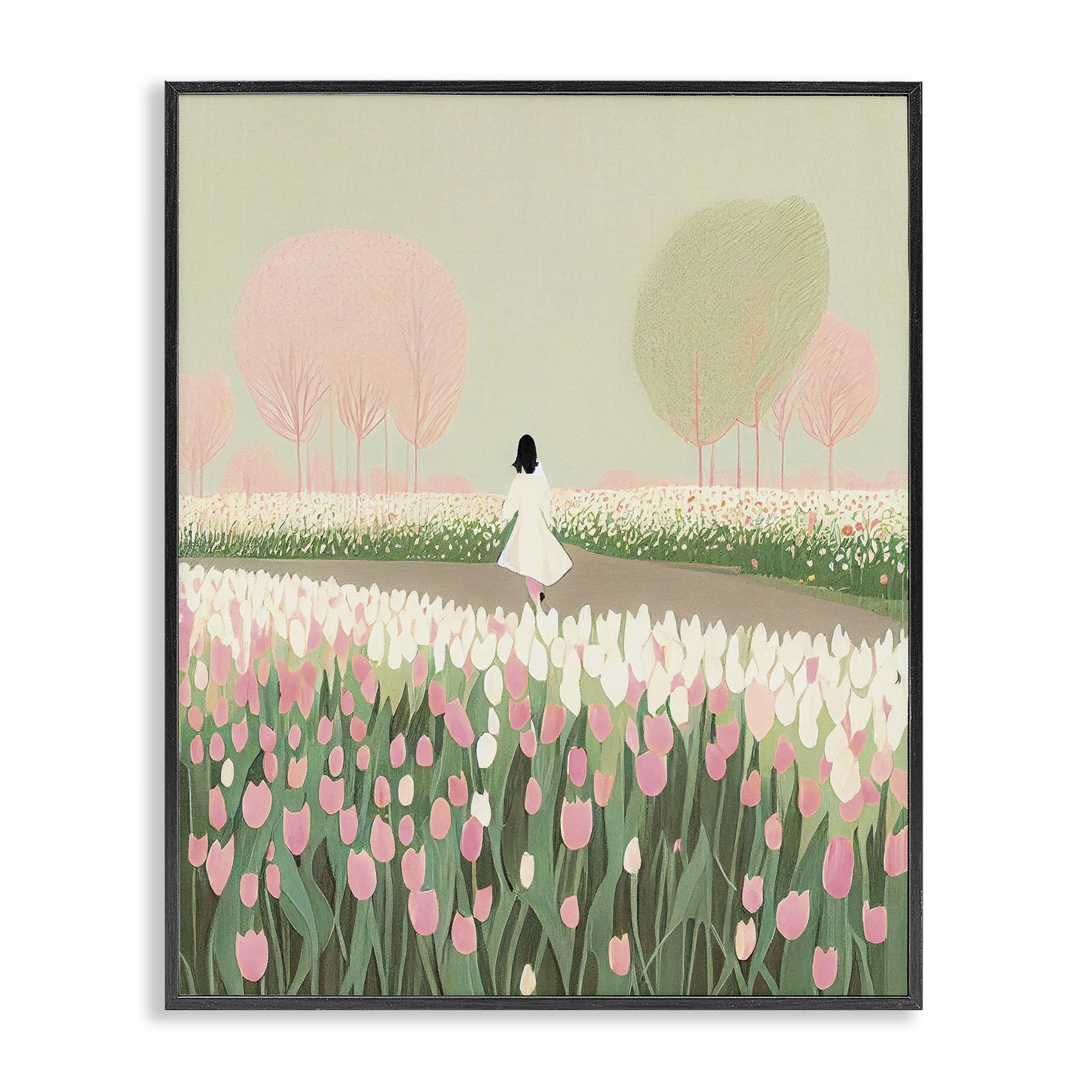 Stupell Industries Walking in Tulip Meadow Landscape Painting Black Framed Art Print Wall Art, 11 x 14