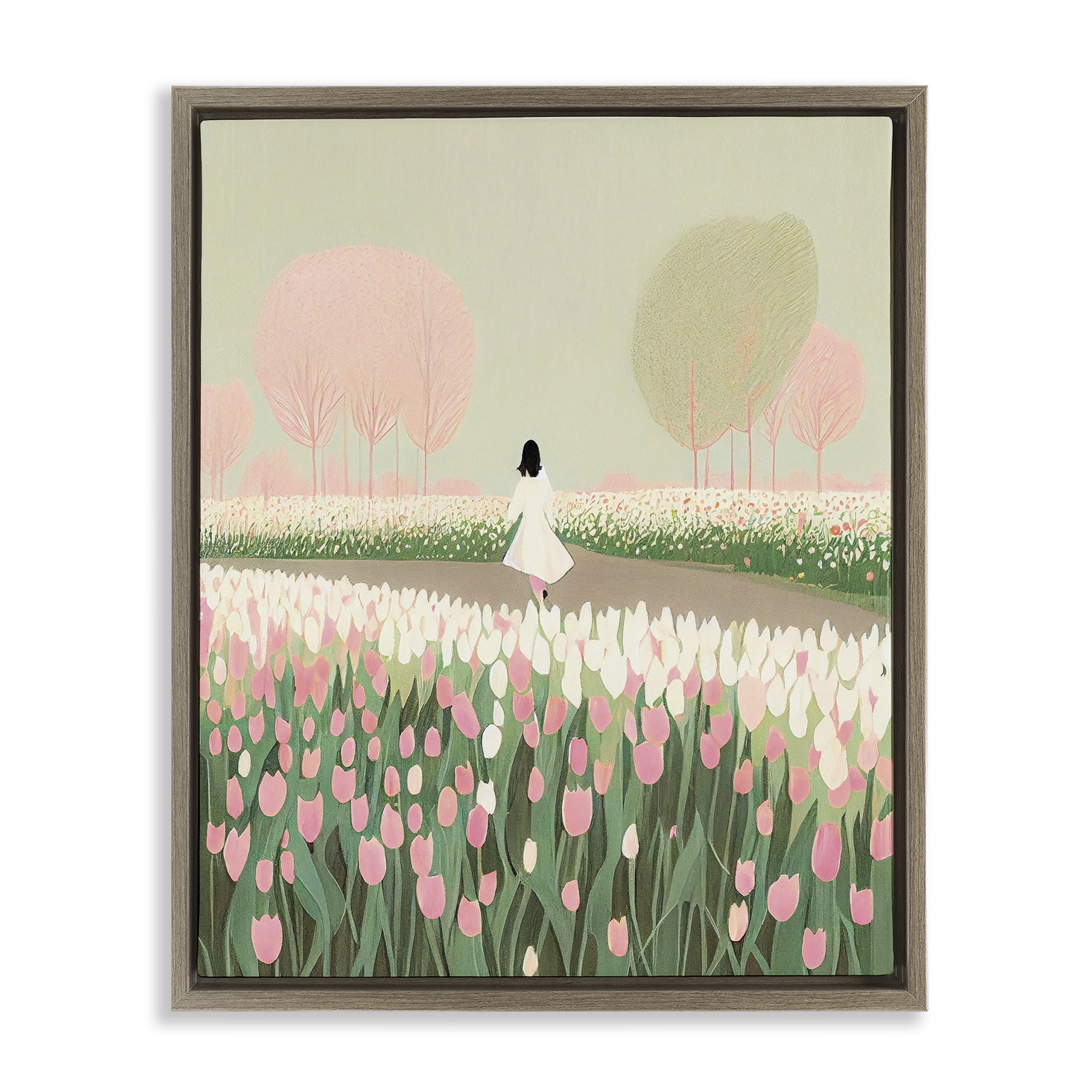 Stupell Industries Walking in Tulip Meadow Landscape Painting Brown Floater Framed Art Print Wall Art, 25 x 31