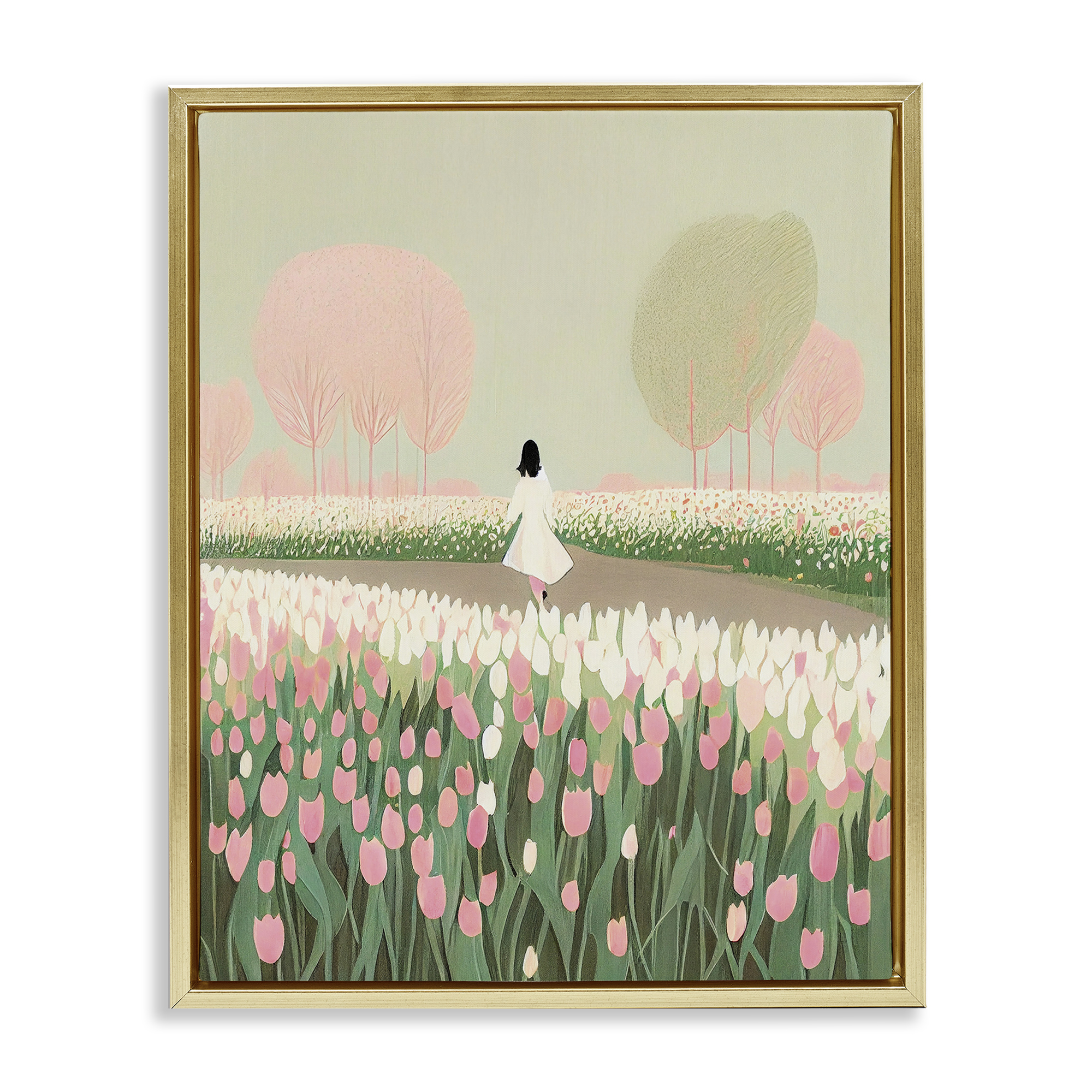 Stupell Industries Walking in Tulip Meadow Landscape Painting Gold Floater Framed Art Print Wall Art, 17 x 21