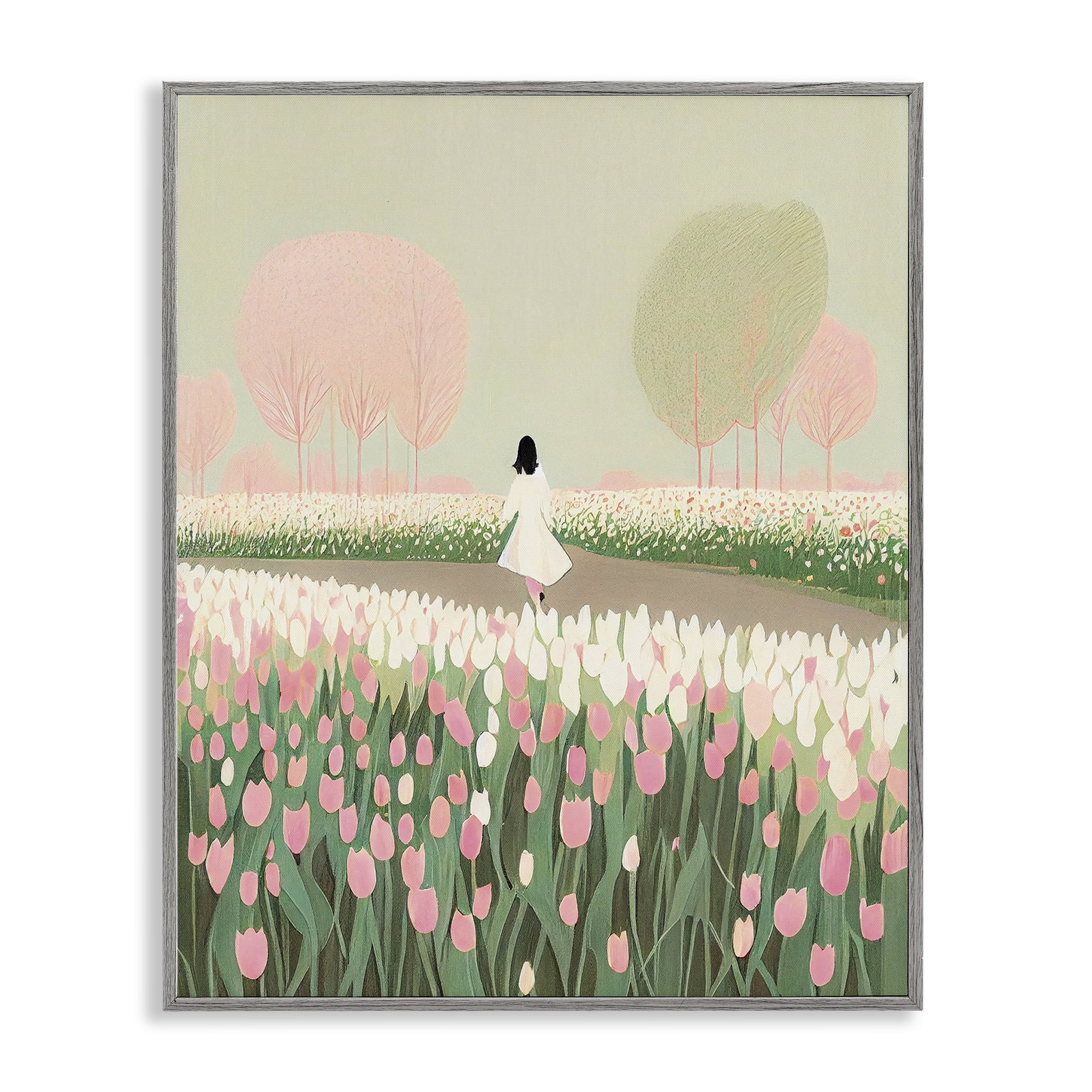 Stupell Industries Walking in Tulip Meadow Landscape Painting Gray Framed Art Print Wall Art, 16 x 20