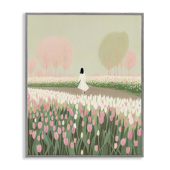 Stupell Industries Walking in Tulip Meadow Landscape Painting Gray Framed Art Print Wall Art, 24 x 30