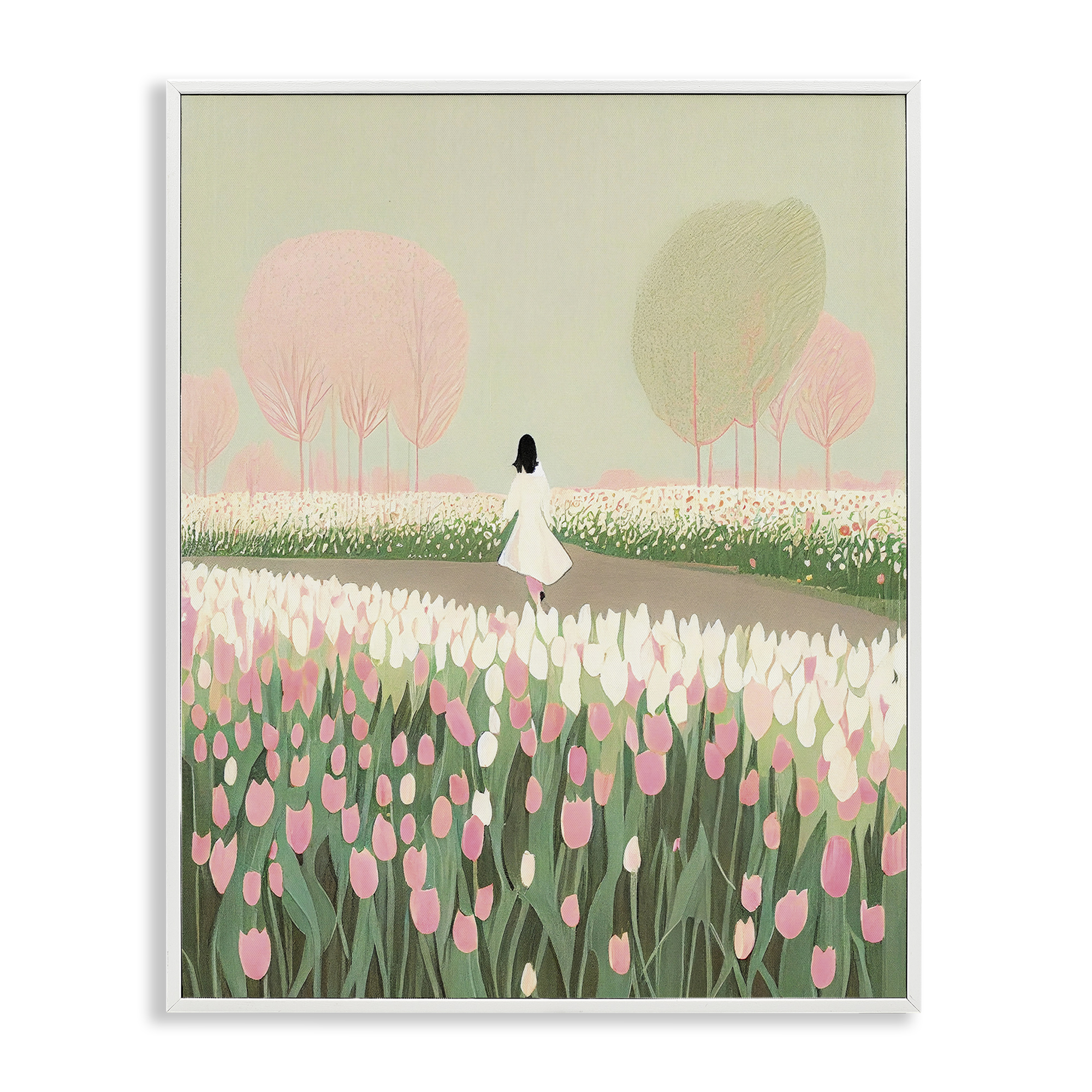 Stupell Industries Walking in Tulip Meadow Landscape Painting White Framed Art Print Wall Art, 11 x 14