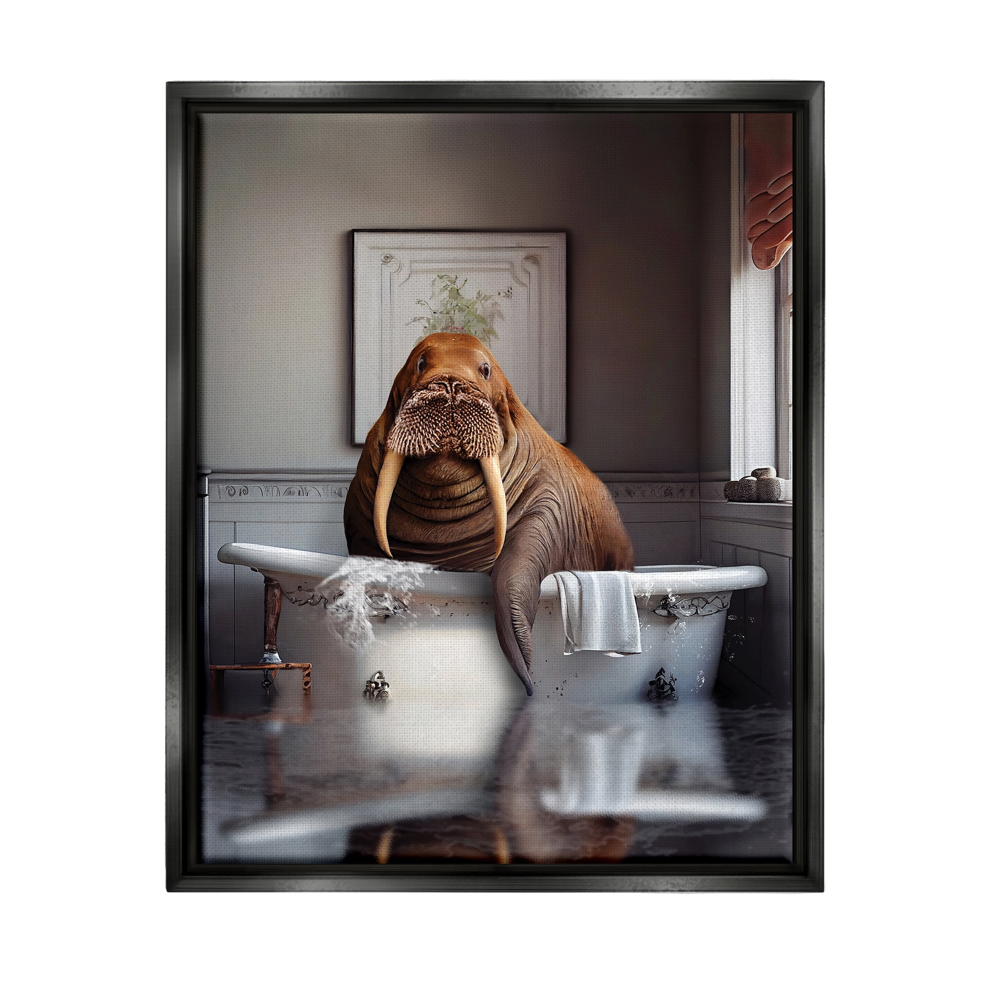 Stupell Industries Walrus in Bathtub Animals & Insects Painting Black Floater Framed Art Print Wall Art, 17 x 21