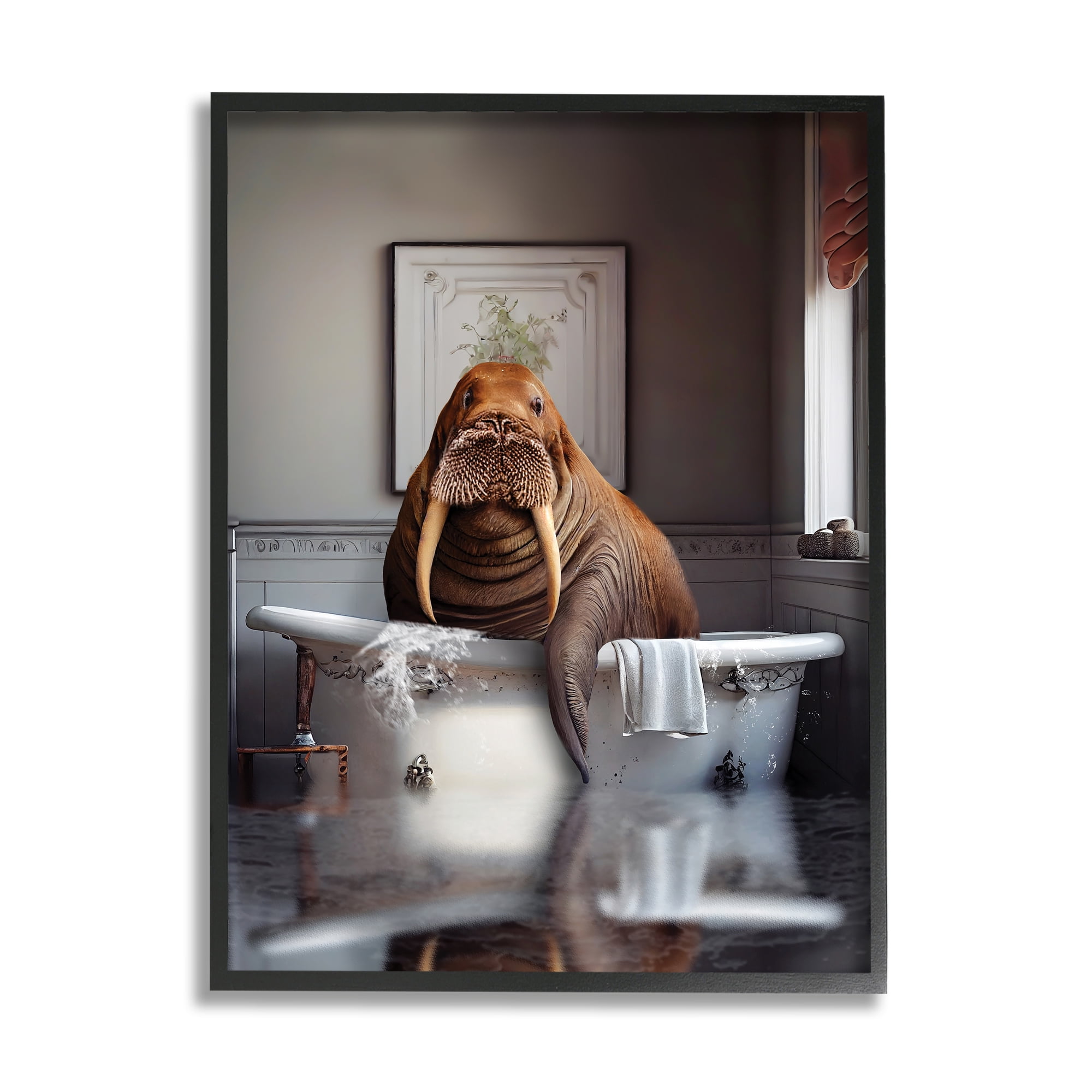Stupell Industries Walrus in Bathtub Animals & Insects Painting Black Framed Art Print Wall Art, 16 x 20