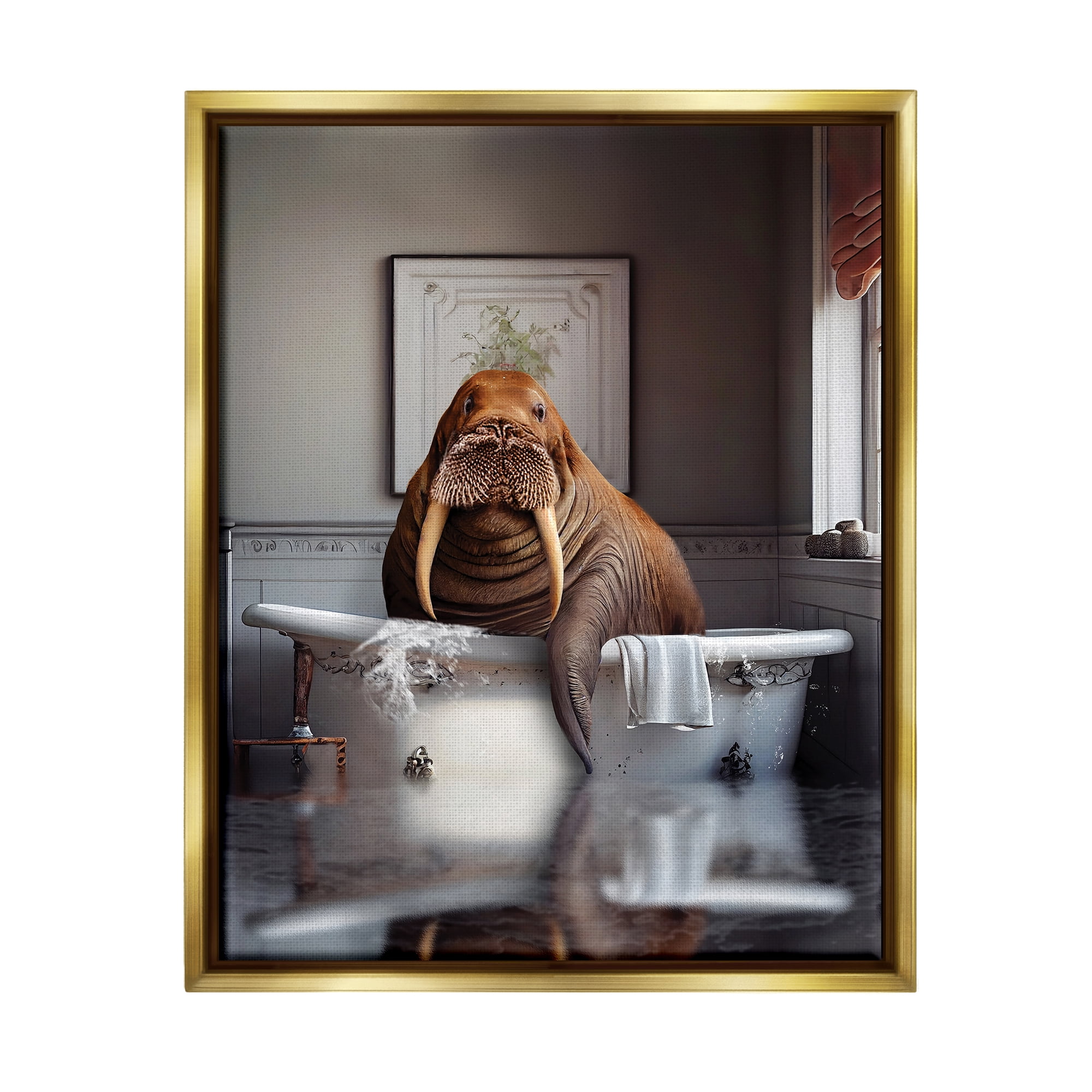 Stupell Industries Walrus in Bathtub Animals & Insects Painting Gold Floater Framed Art Print Wall Art, 25 x 31