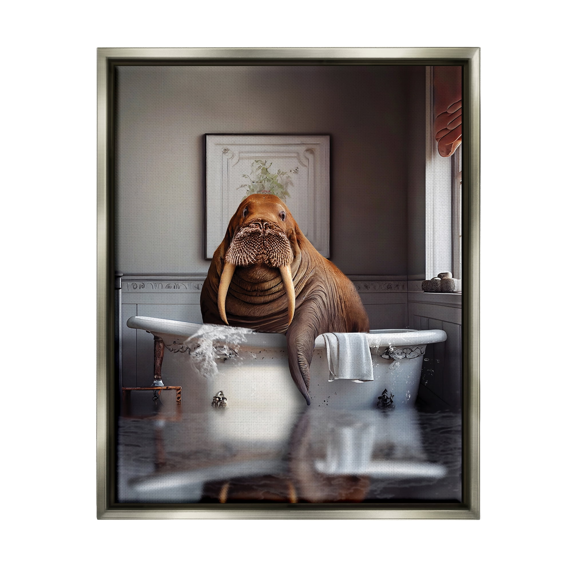 Stupell Industries Walrus in Bathtub Animals & Insects Painting Gray Floater Framed Art Print Wall Art, 17 x 21
