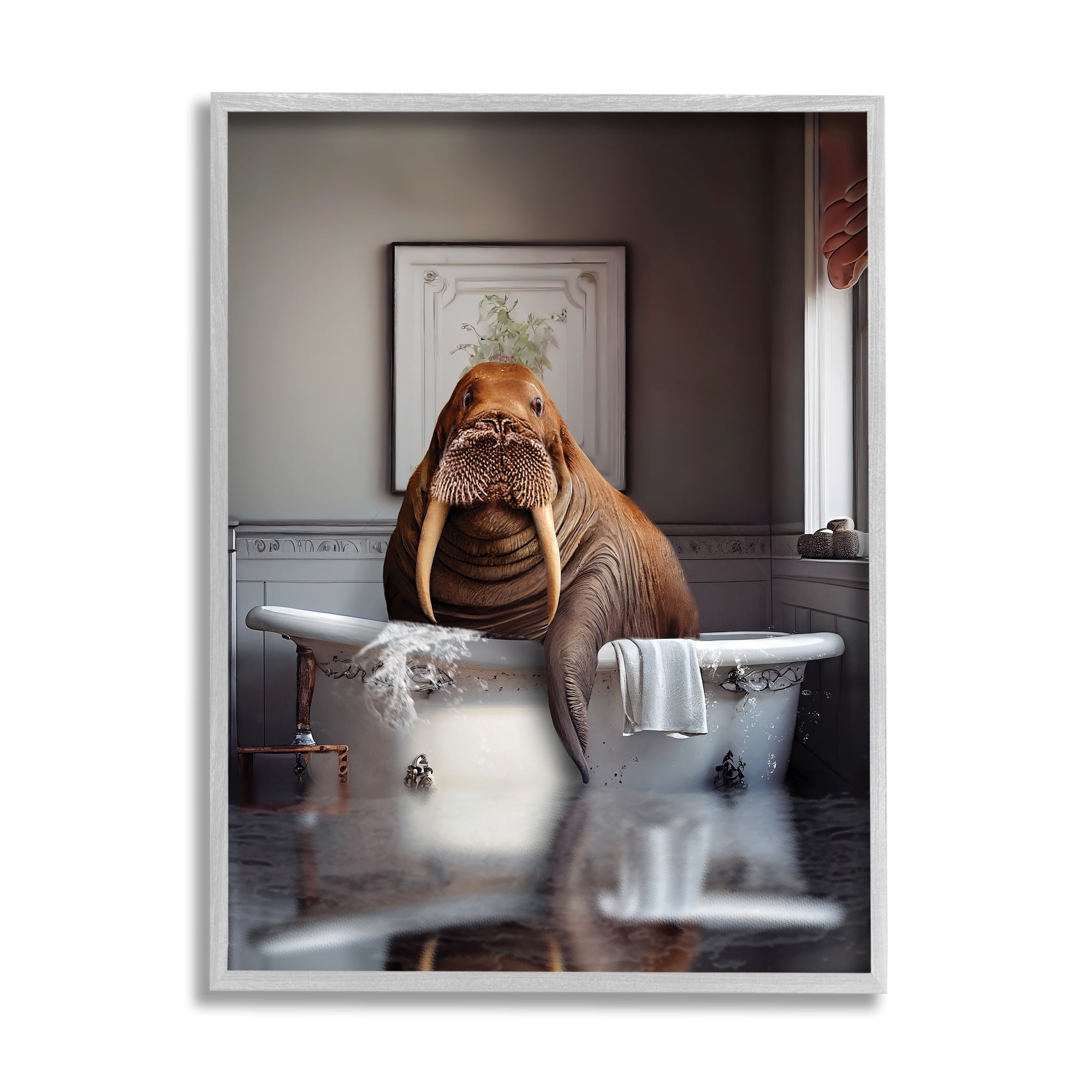 Stupell Industries Walrus in Bathtub Animals & Insects Painting Gray Framed Art Print Wall Art, 16 x 20