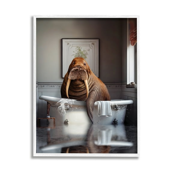 Stupell Industries Walrus in Bathtub Animals & Insects Painting White Framed Art Print Wall Art, 11 x 14
