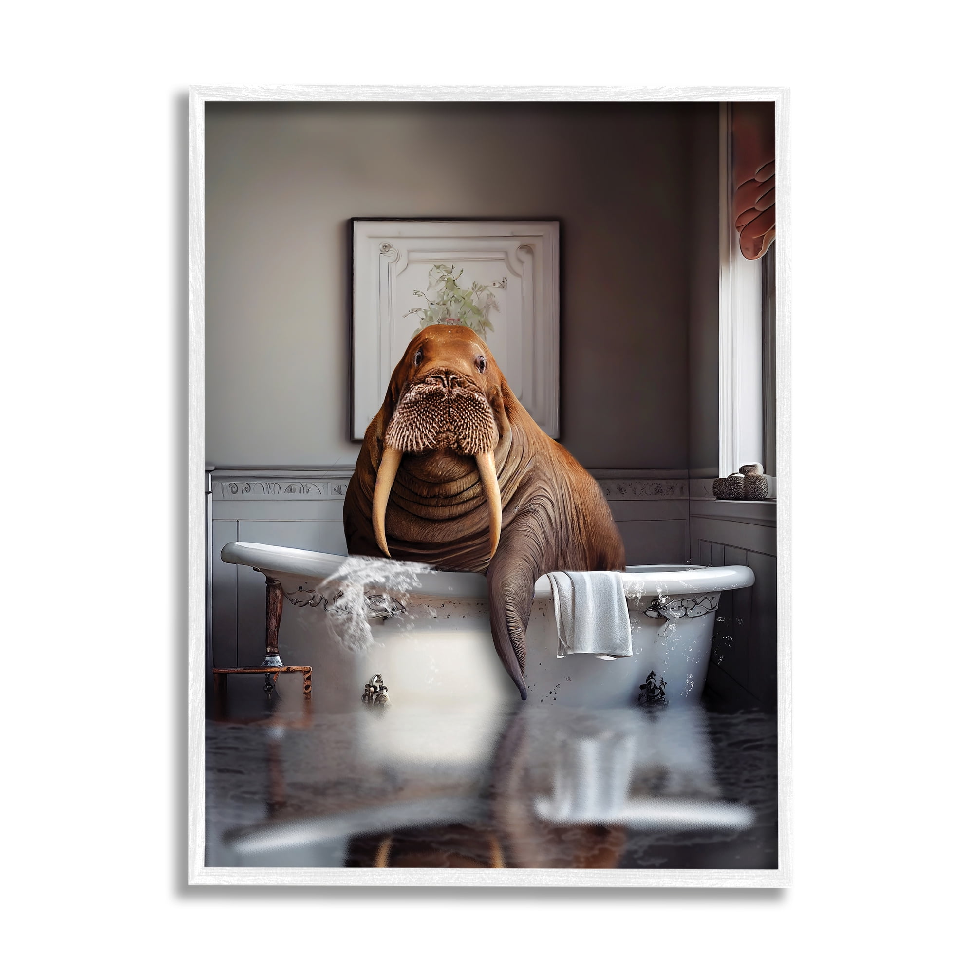 Stupell Industries Walrus in Bathtub Animals & Insects Painting White Framed Art Print Wall Art, 16 x 20
