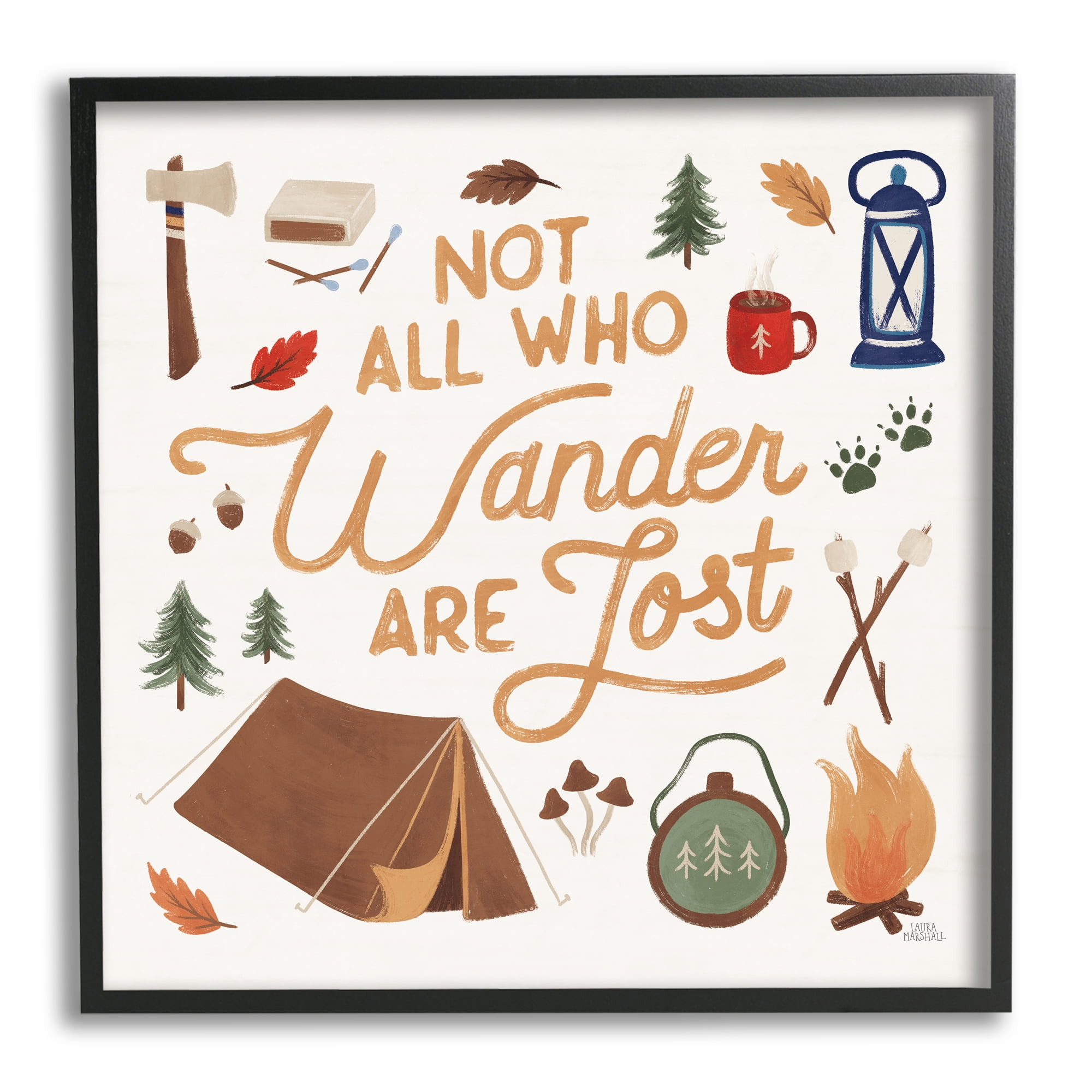 Stupell Industries Wander Camping Phrase Typography Painting Black Framed Art Print Wall Art, 17 x 17