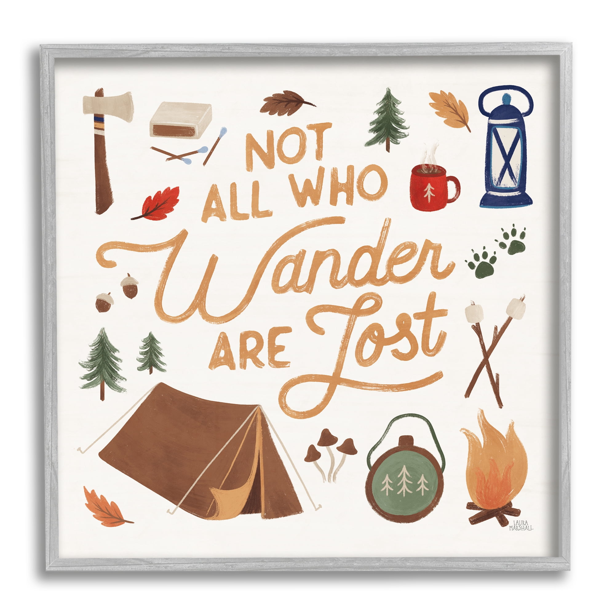 Stupell Industries Wander Camping Phrase Typography Painting Gray Framed Art Print Wall Art, 17 x 17