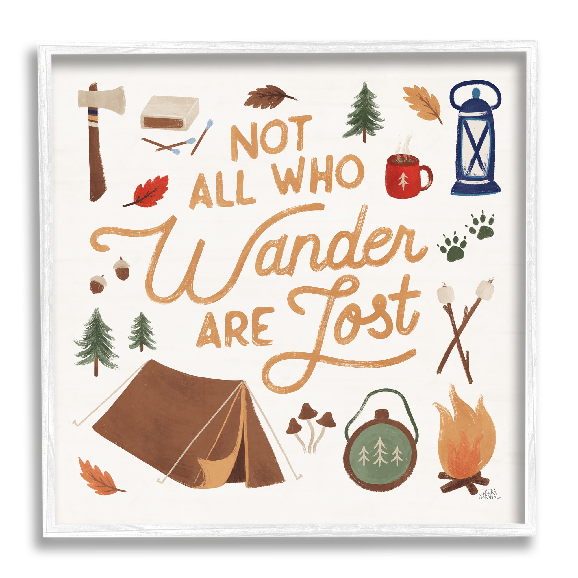 Stupell Industries Wander Camping Phrase Typography Painting White Framed Art Print Wall Art, 12 x 12