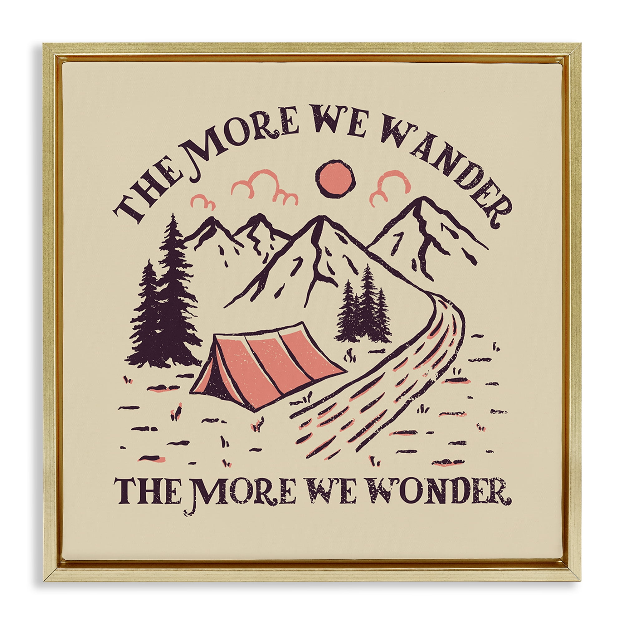 Stupell Industries Wander & Wonder Phrase Landscape & Nature Painting Gold Floater Framed Canvas Art Print Wall Art, 18 x 18
