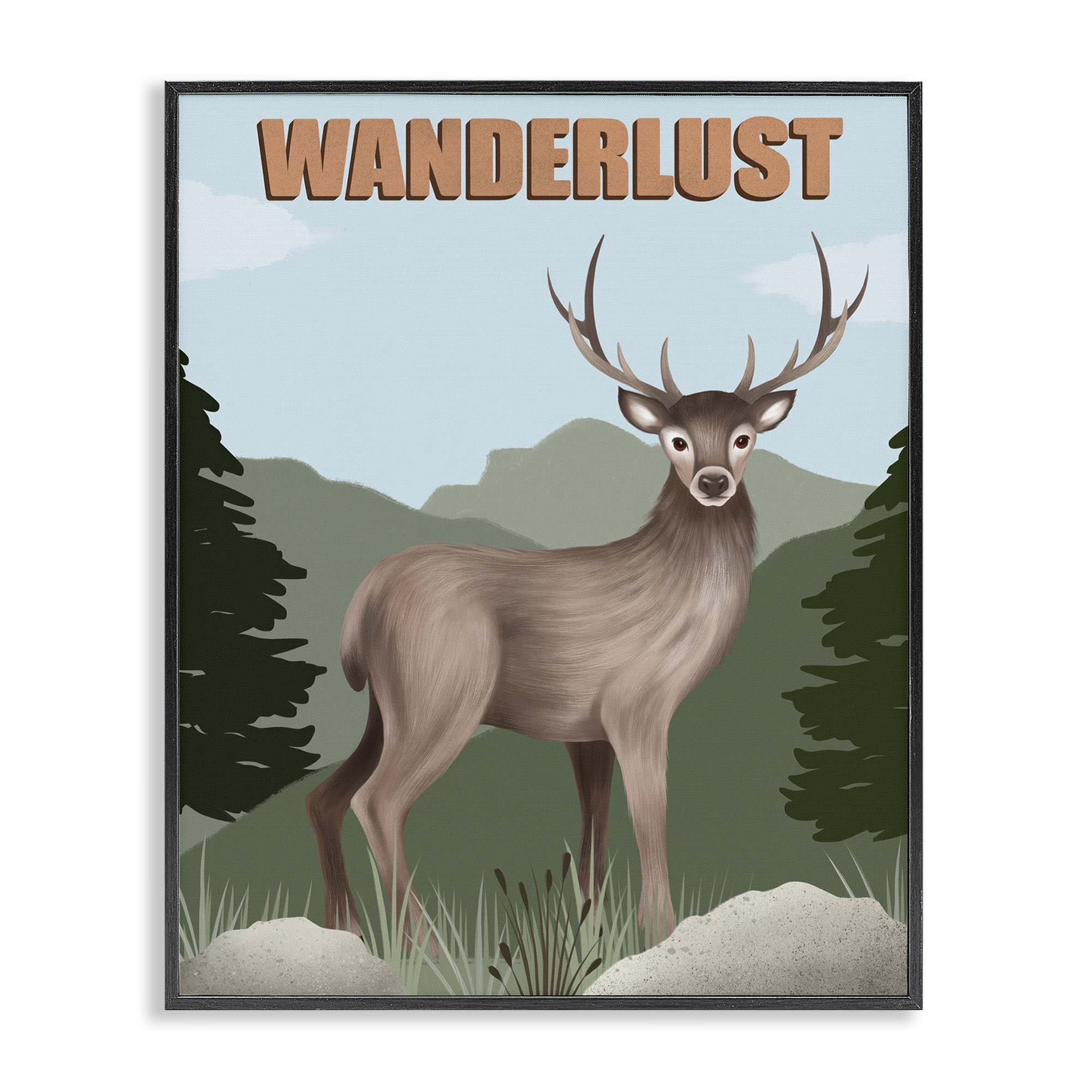 Stupell Industries Wanderlust Nature & Deer Animals Painting Black Framed Art Print Wall Art, 11 x 14