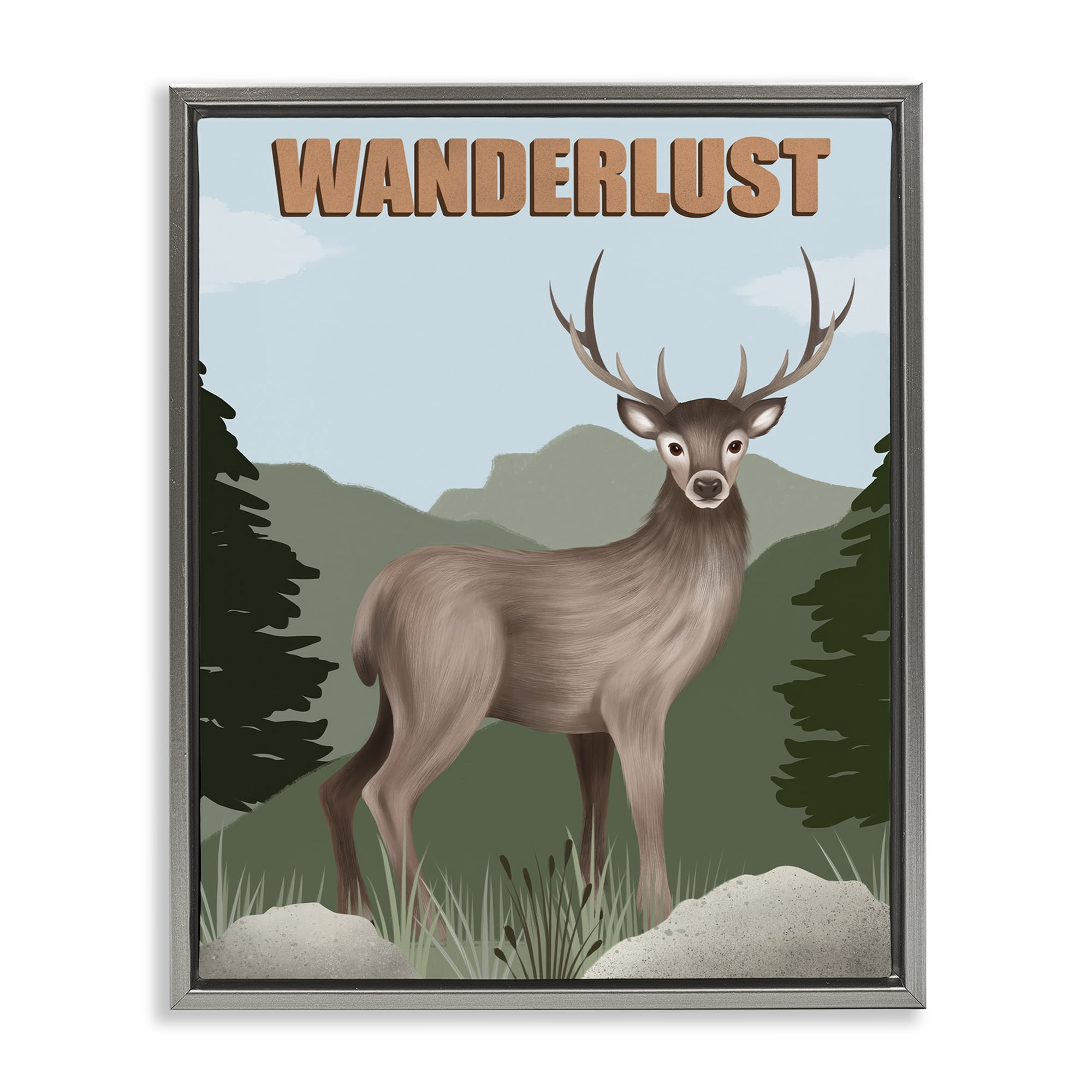 Stupell Industries Wanderlust Nature & Deer Animals Painting Gray Floater Framed Canvas Art Print Wall Art, 25 x 31