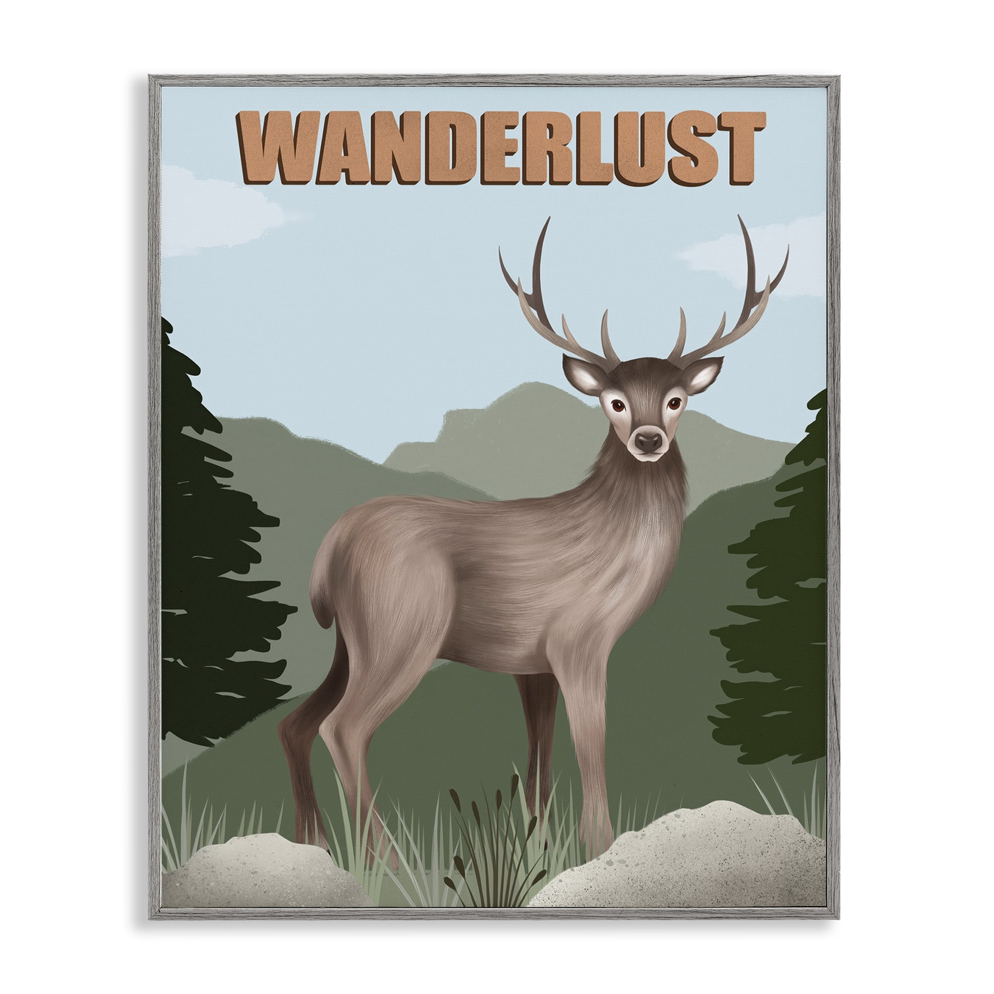Stupell Industries Wanderlust Nature & Deer Animals Painting Gray Framed Art Print Wall Art, 16 x 20