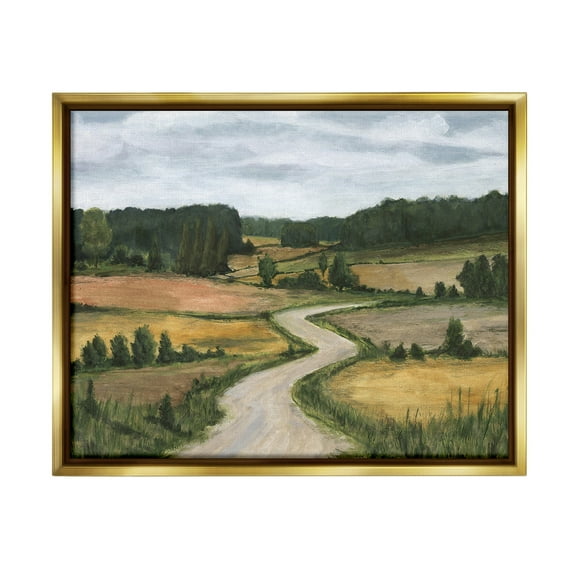 Stupell Industries Waning Rural Rode Landscape Painting Gold Floater Framed Canvas Art Print Wall Art, 31 x 25