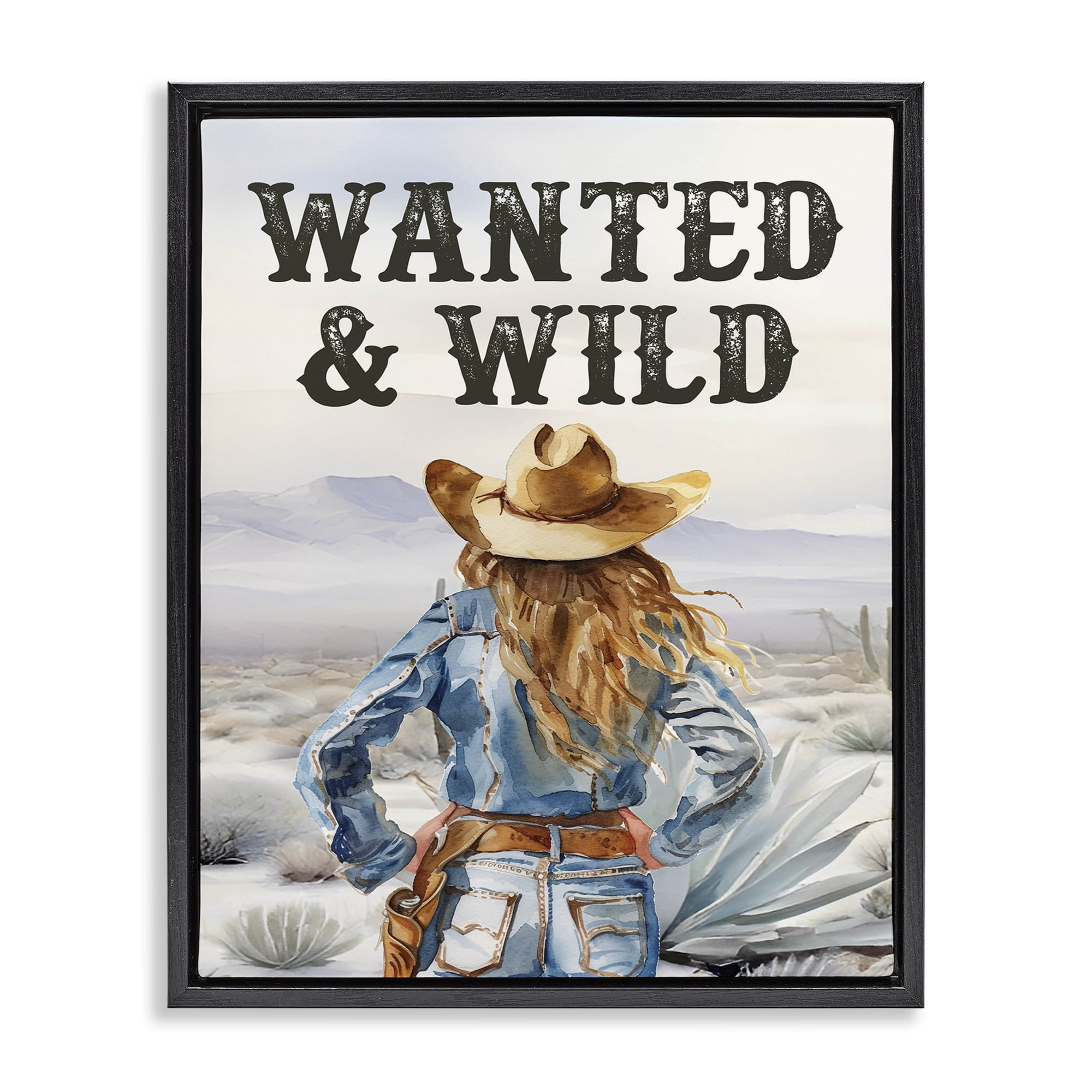 Stupell Industries Wanted & Wild Cowgirl People Painting Black Floater Framed Canvas Art Print Wall Art, 25 x 31