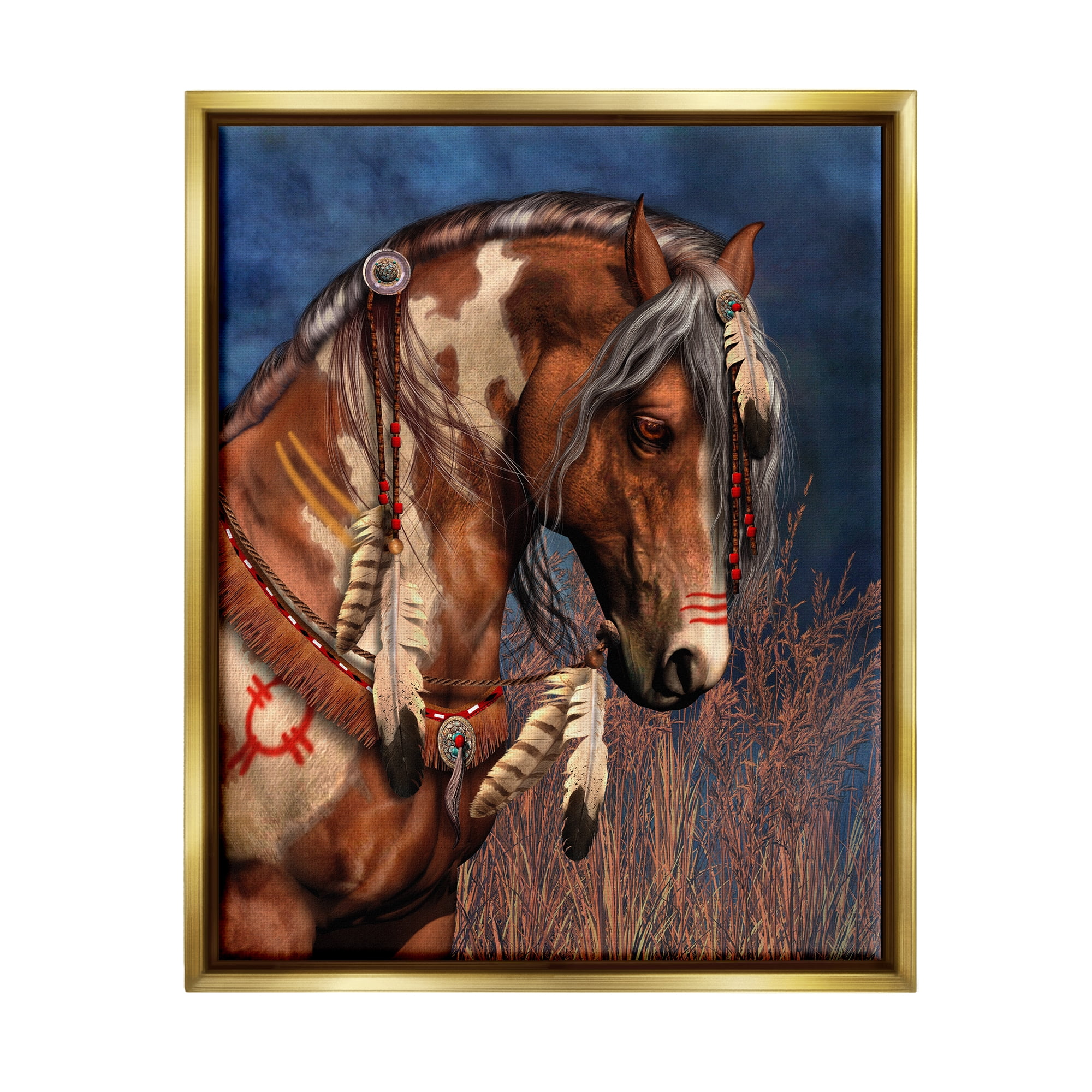 Stupell Industries War Pony Portrait Animals & Insects Painting Gold Floater Framed Canvas Art Print Wall Art, 17 x 21