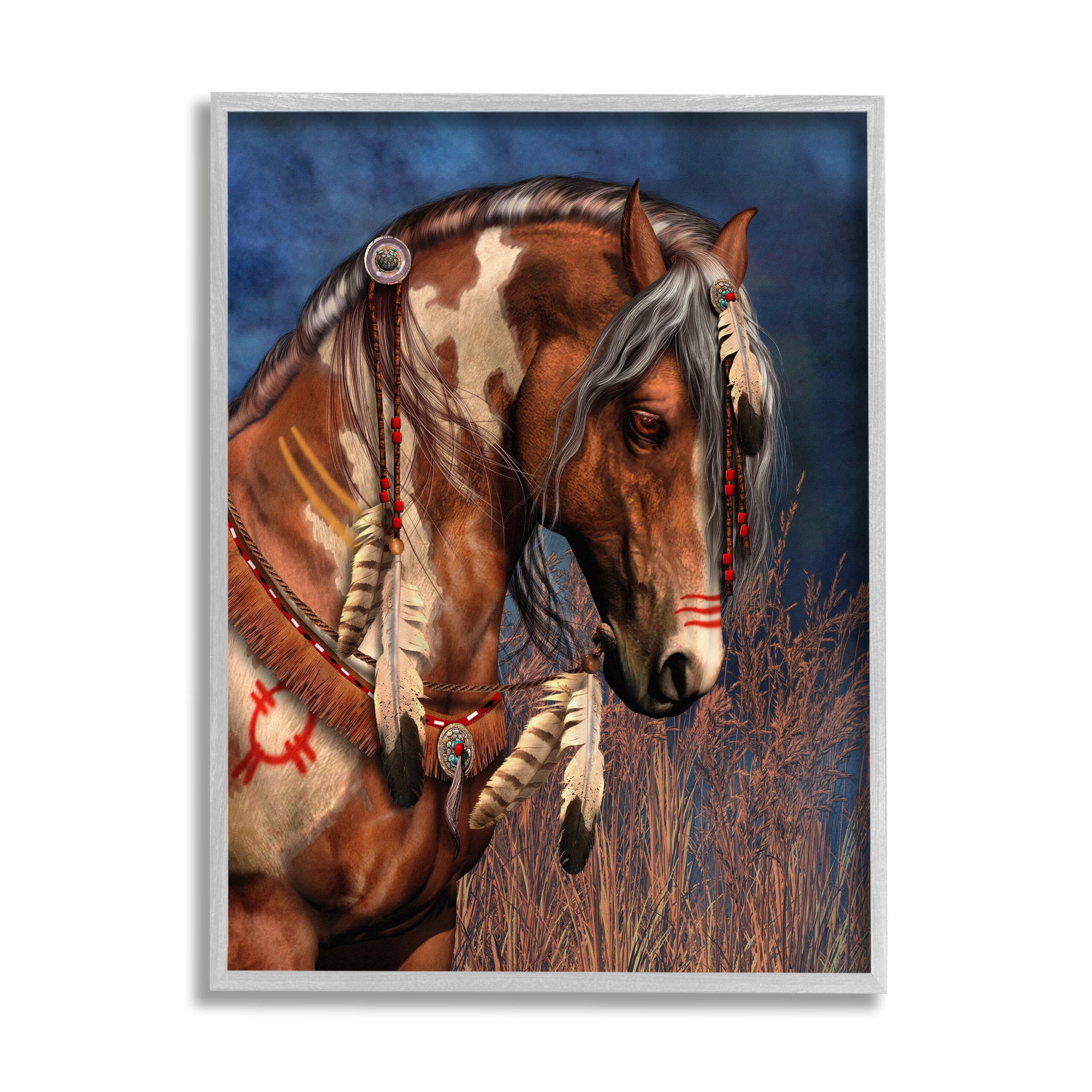 Stupell Industries War Pony Portrait Animals & Insects Painting Gray Framed Art Print Wall Art, 24 x 30