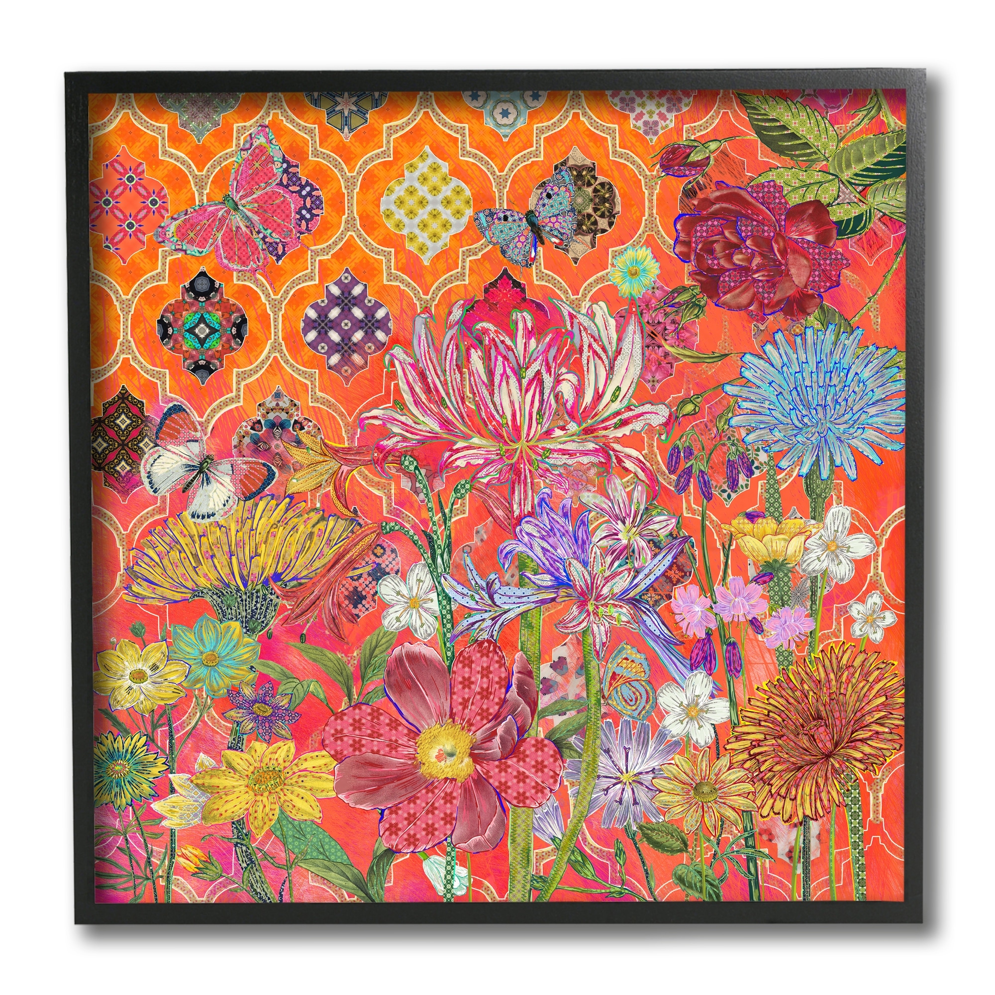 Stupell Industries Warm Arabesque Geometric Pattern Vibrant Florals Botanical & Floral Painting Black Framed Art Print Wall Art, 12 x 12