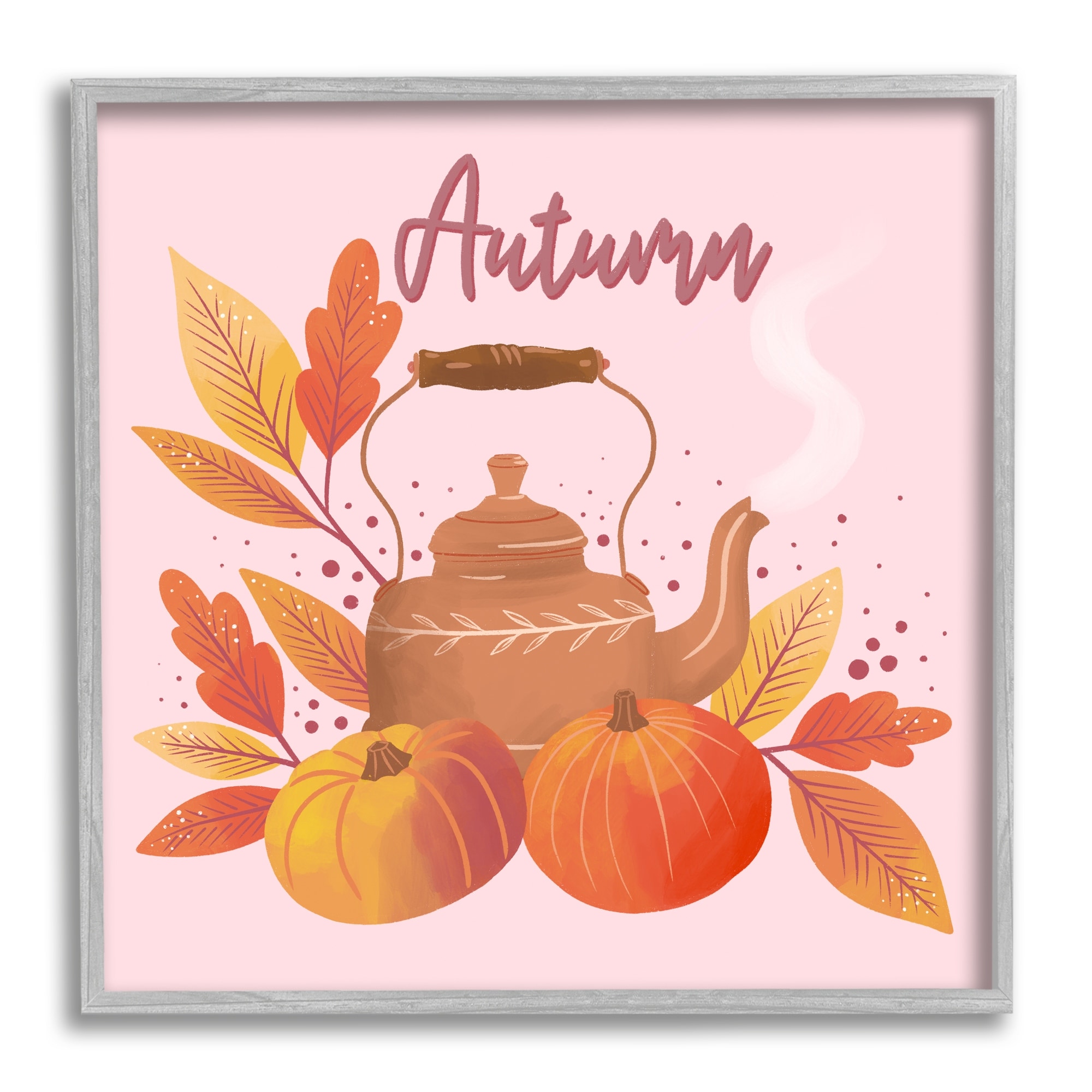 Stupell Industries Warm Autumn Teapot Seasonal Pumpkin Botanicals Graphic Art Gray Framed Art Print Wall Art, Design by Dominika Godette