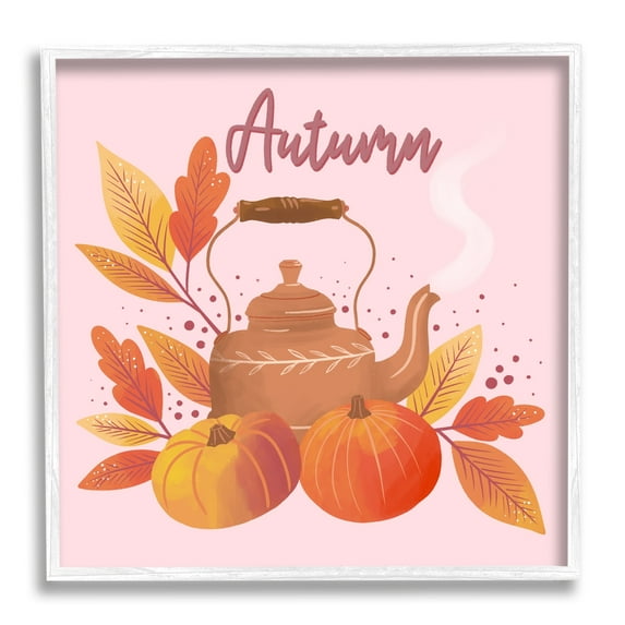 Stupell Industries Warm Autumn Teapot Seasonal Pumpkin Botanicals Graphic Art White Framed Art Print Wall Art, Design by Dominika Godette