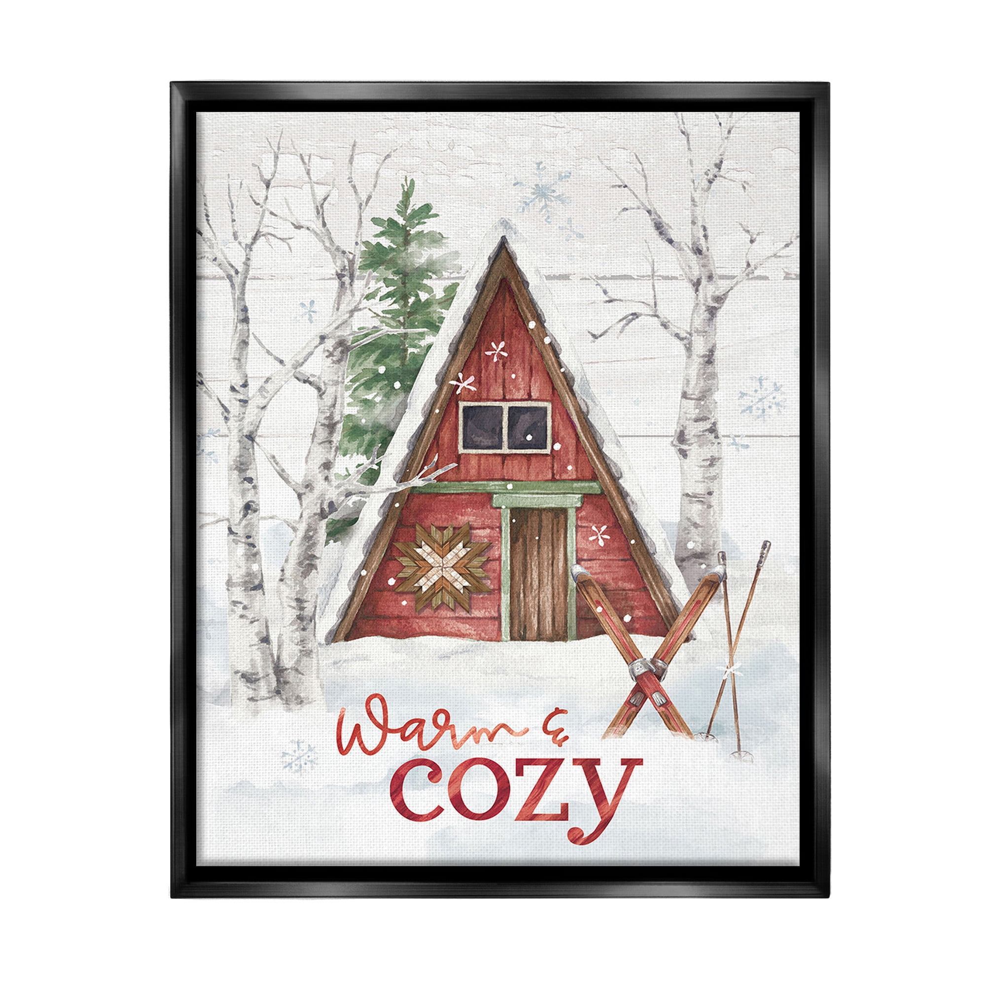 Stupell Industries Warm & Cozy Cabin Holiday Painting Black Floater Framed Canvas Art Print Wall Art, 17 x 21