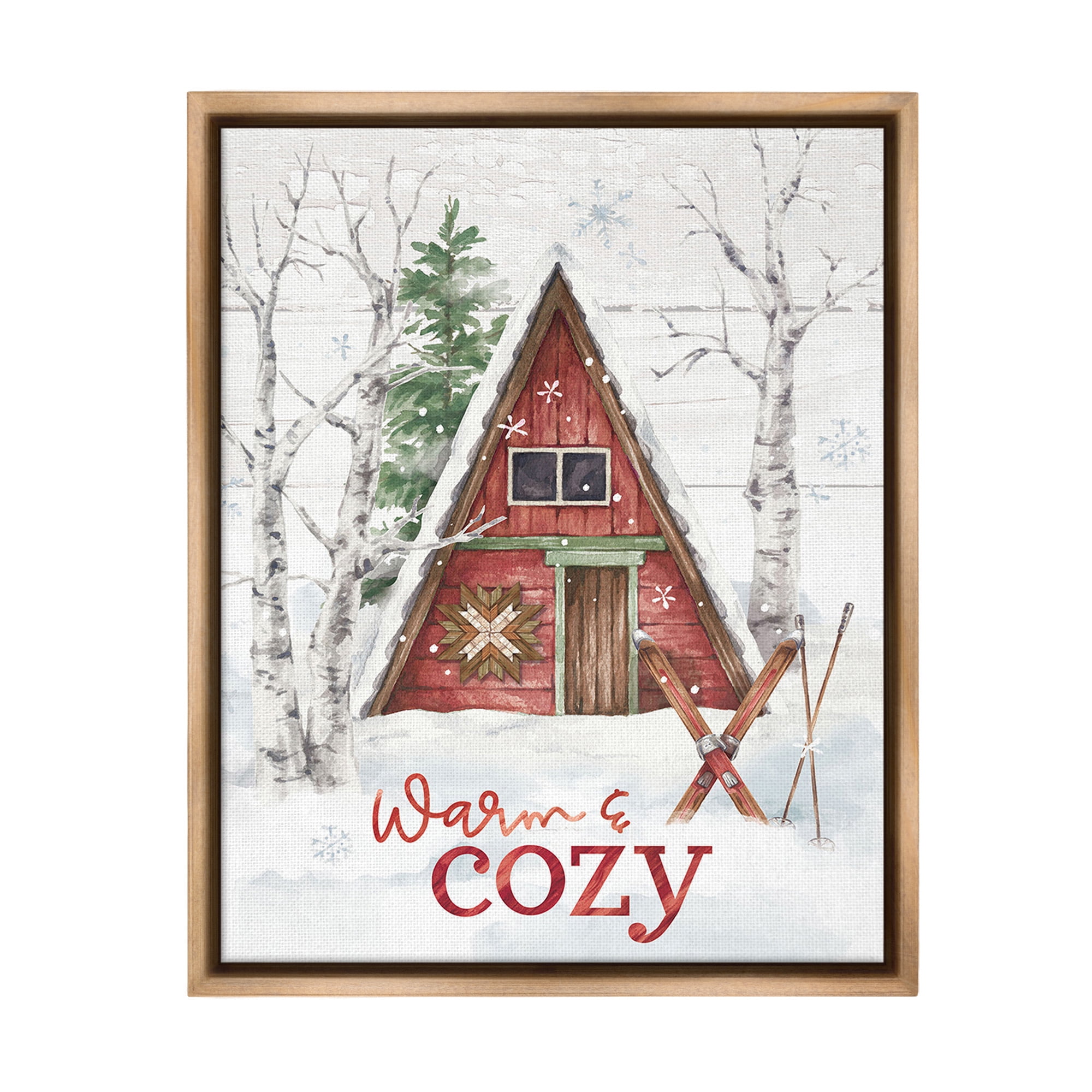 Stupell Industries Warm & Cozy Cabin Holiday Painting Brown Floater Framed Canvas Art Print Wall Art, 25 x 31