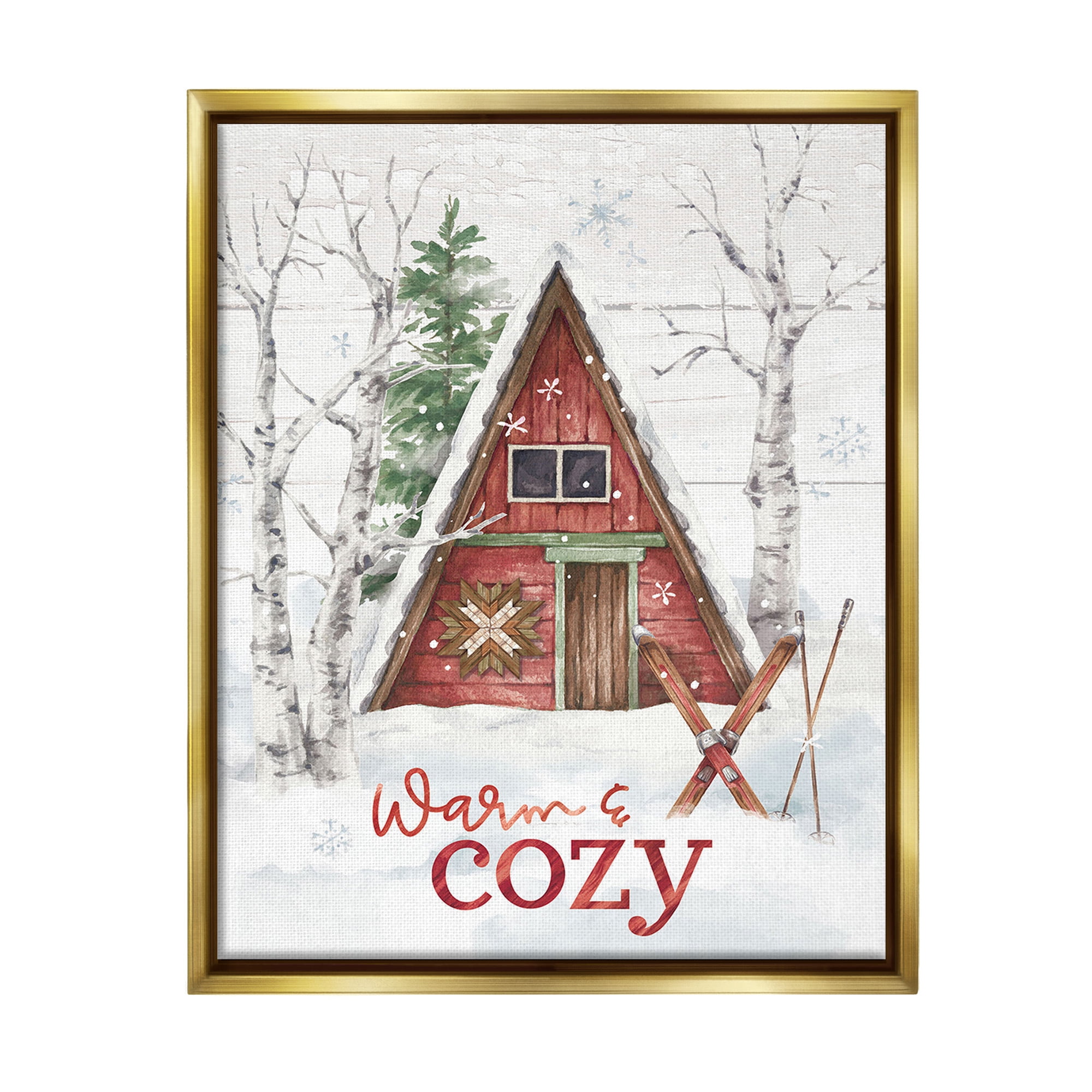 Stupell Industries Warm & Cozy Cabin Holiday Painting Gold Floater Framed Canvas Art Print Wall Art, 17 x 21