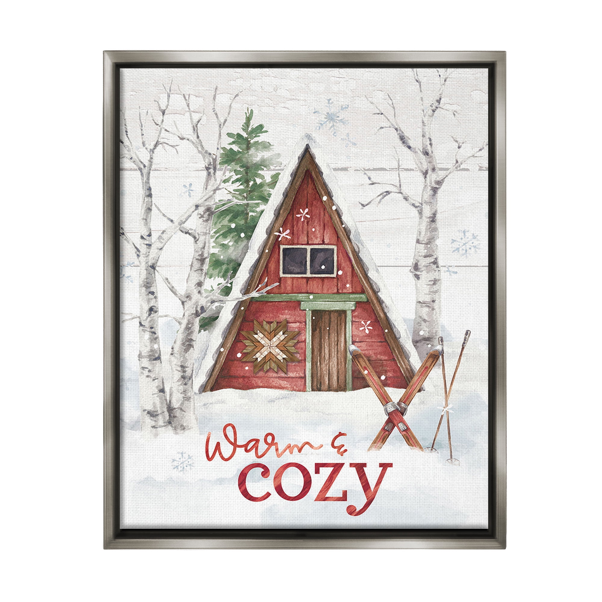 Stupell Industries Warm & Cozy Cabin Holiday Painting Gray Floater Framed Canvas Art Print Wall Art, 25 x 31