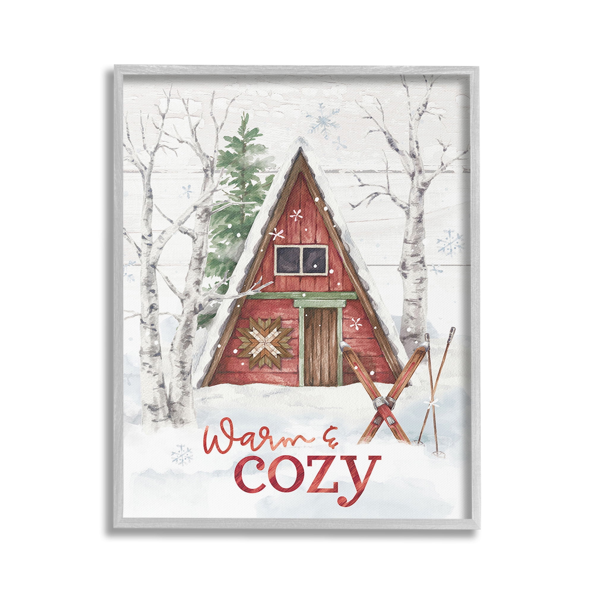 Stupell Industries Warm & Cozy Cabin Holiday Painting Gray Framed Art Print Wall Art, 16 x 20