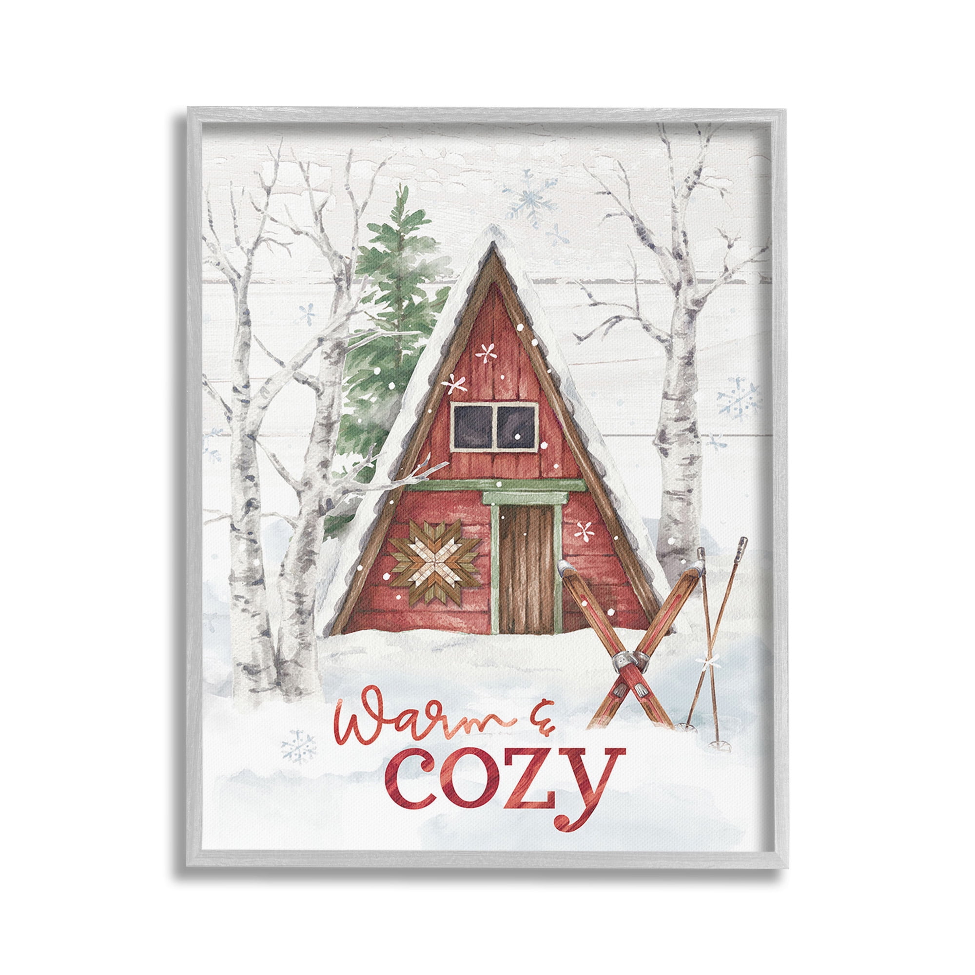 Stupell Industries Warm & Cozy Cabin Holiday Painting Gray Framed Art Print Wall Art, 24 x 30