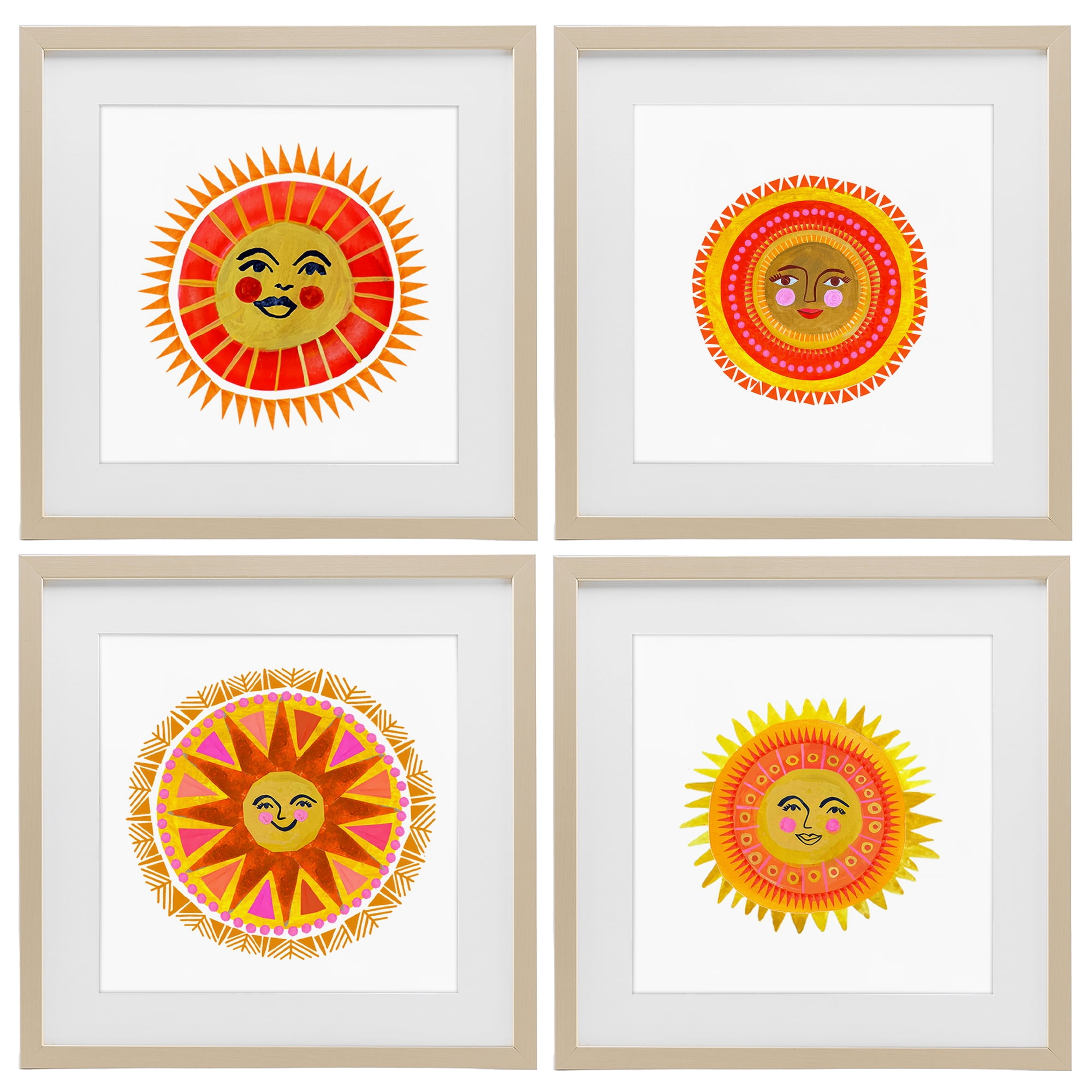 Stupell Industries Warm Happy Suns 4 Piece Birch Framed Print Under Glass Set, design by Katherine Herrell Studio