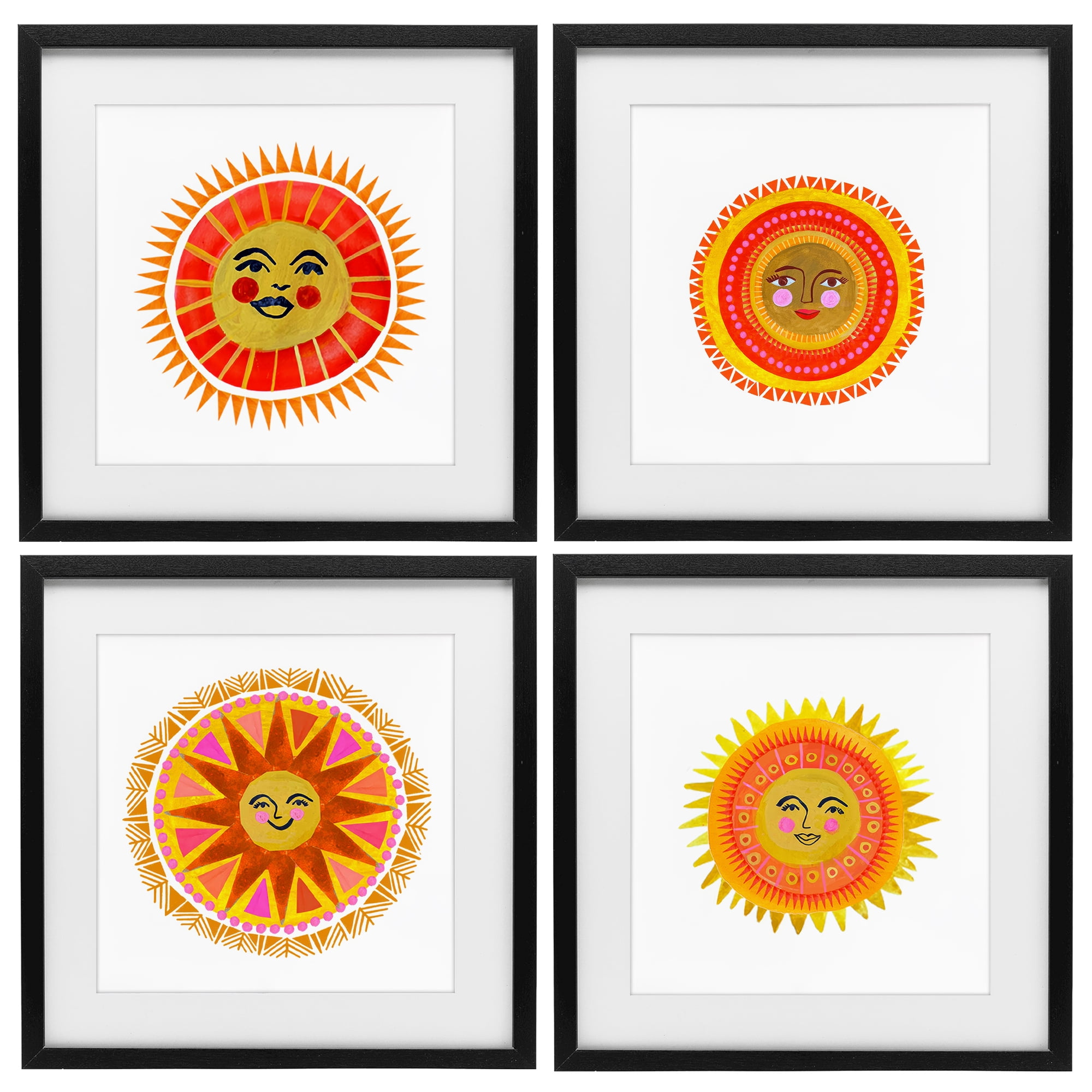 Stupell Industries Warm Happy Suns 4 Piece Black Framed Print Under Glass Set, design by Katherine Herrell Studio