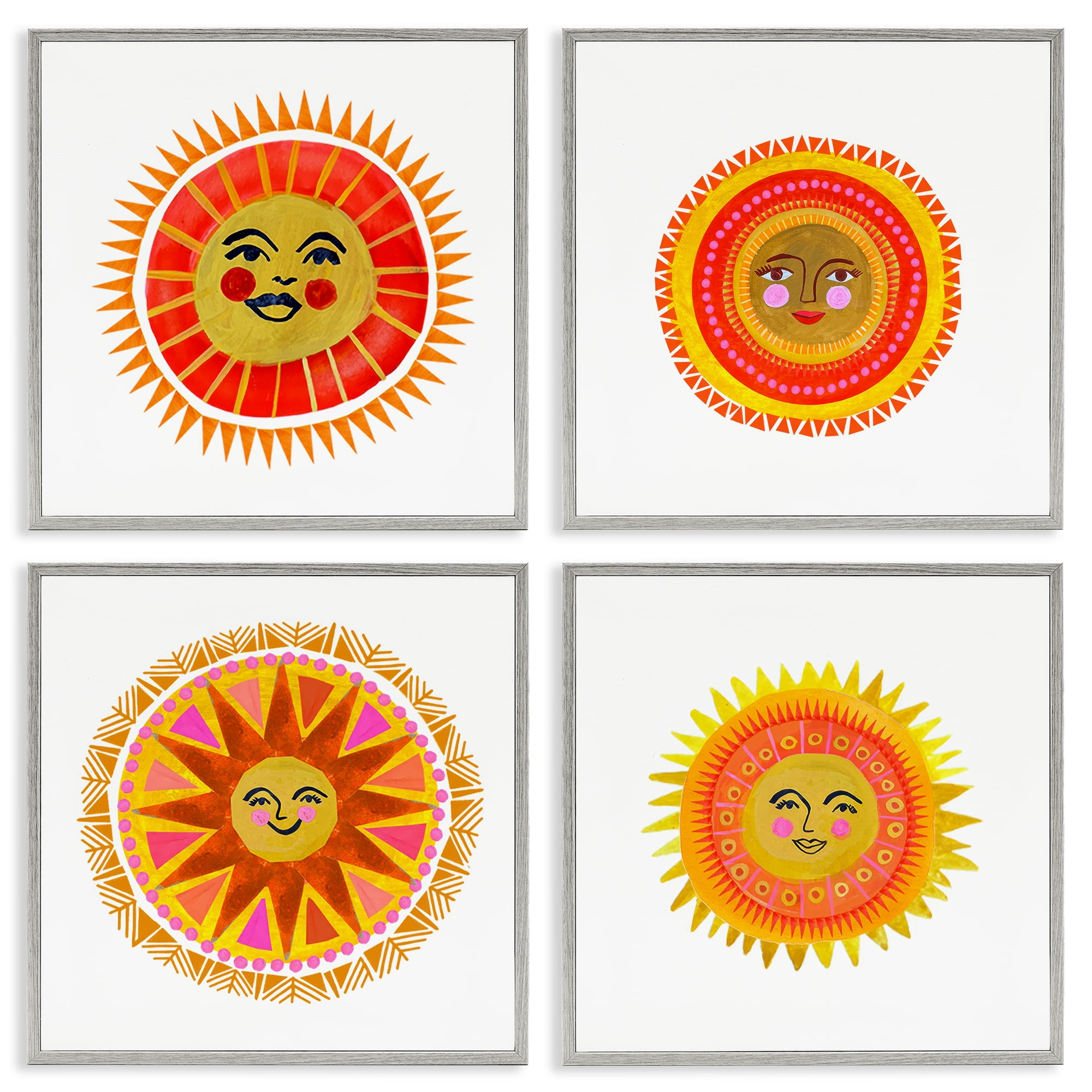 Stupell Industries Warm Happy Suns 4 Piece Gray Framed Giclee Art Set, design by Katherine Herrell Studio