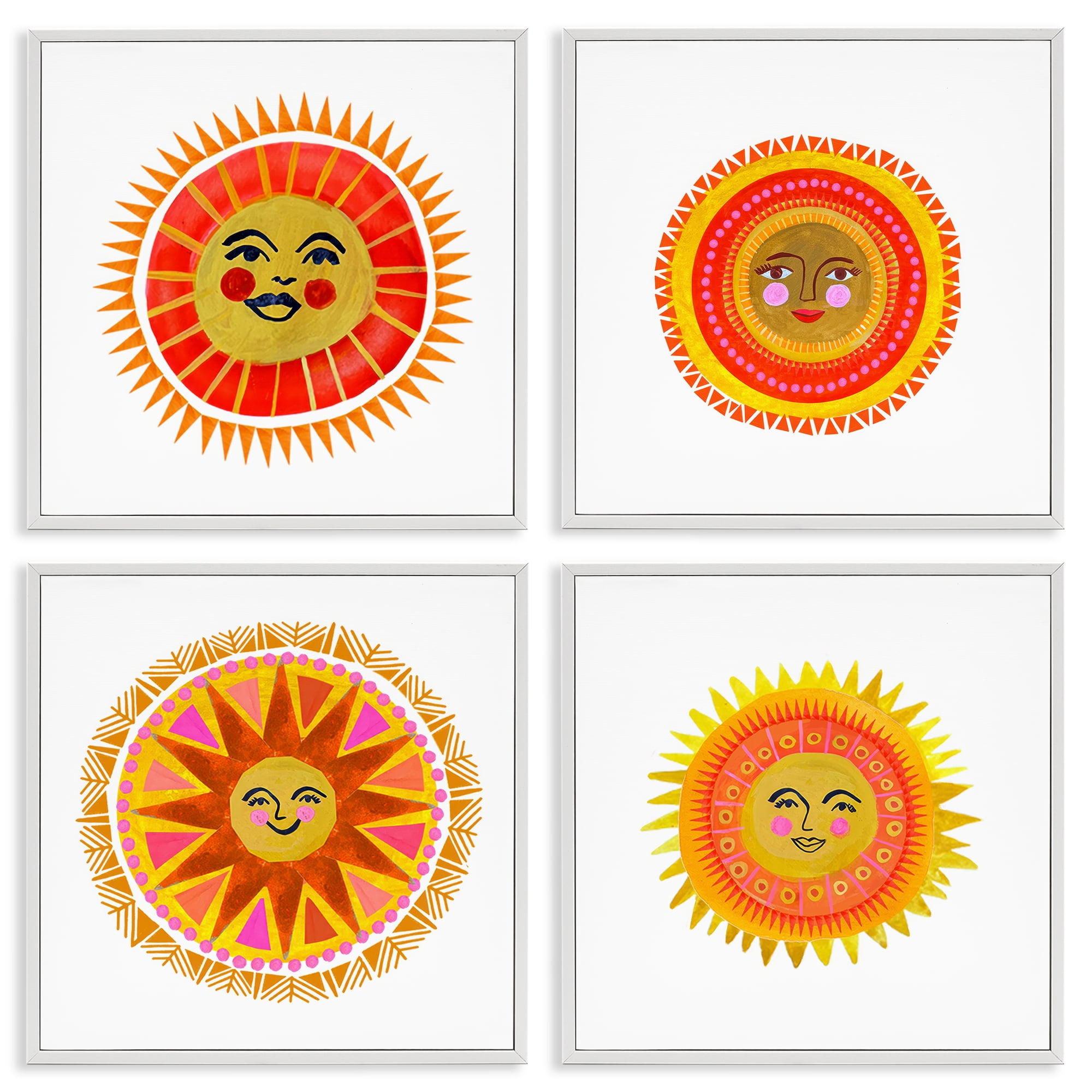 Stupell Industries Warm Happy Suns 4 Piece White Framed Giclee Art Set, design by Katherine Herrell Studio