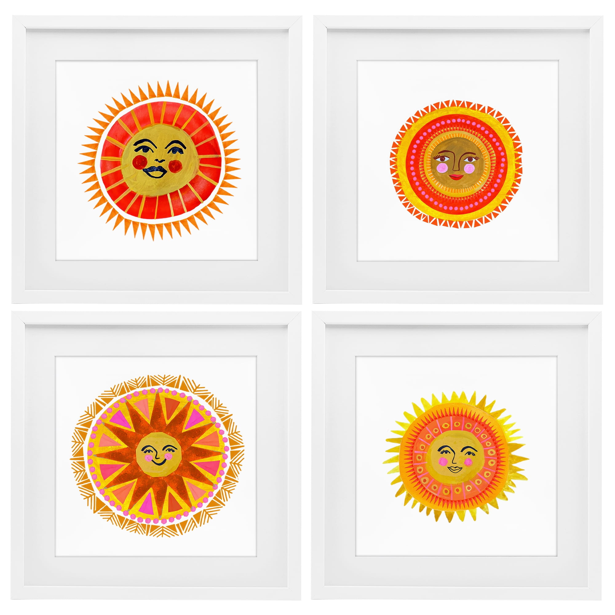 Stupell Industries Warm Happy Suns 4 Piece White Framed Print Under Glass Set, design by Katherine Herrell Studio